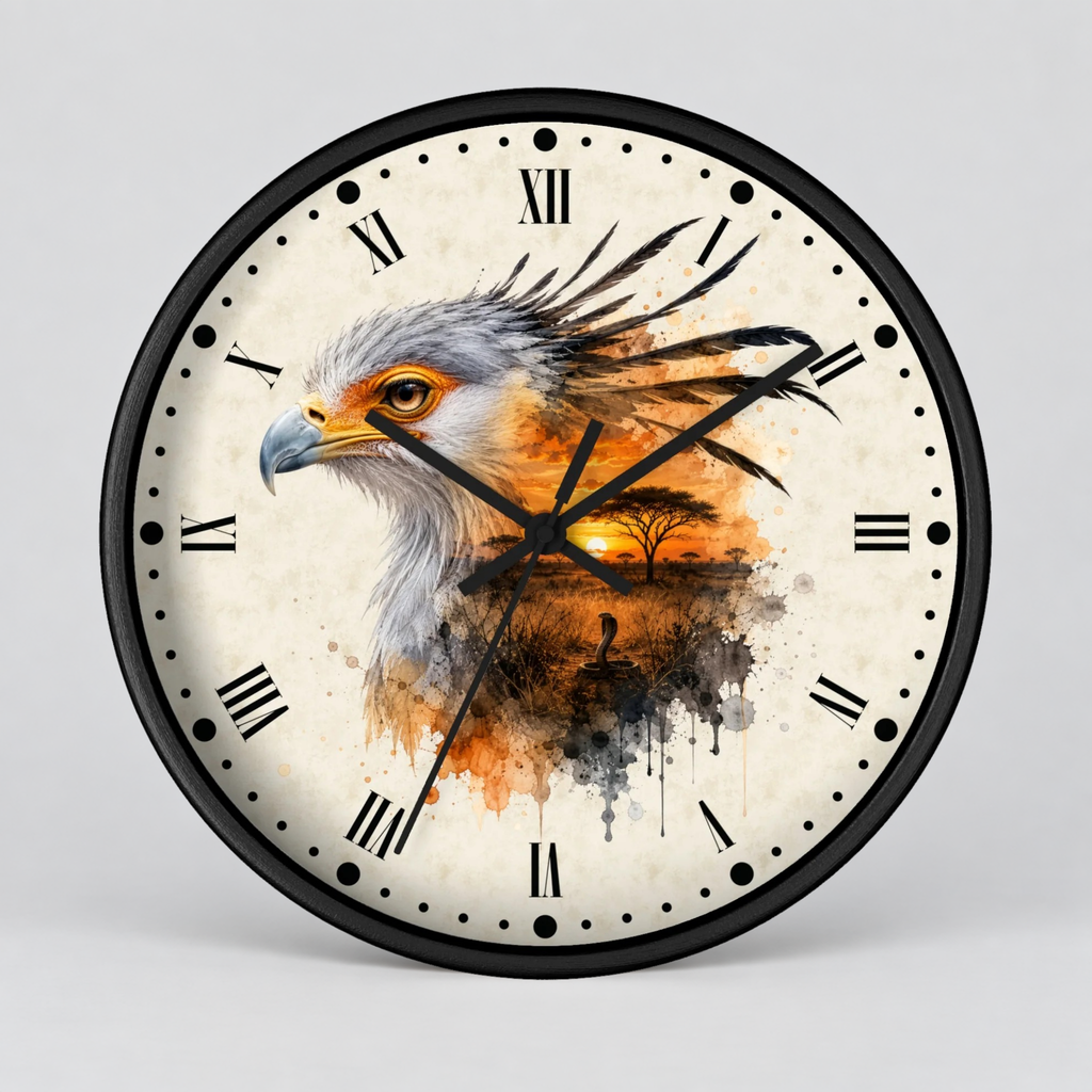 A round wall clock with a black frame and a cream-colored face featuring a painted eagle illustration in orange, black, and white, with black Roman numerals and hands on a light gray background.