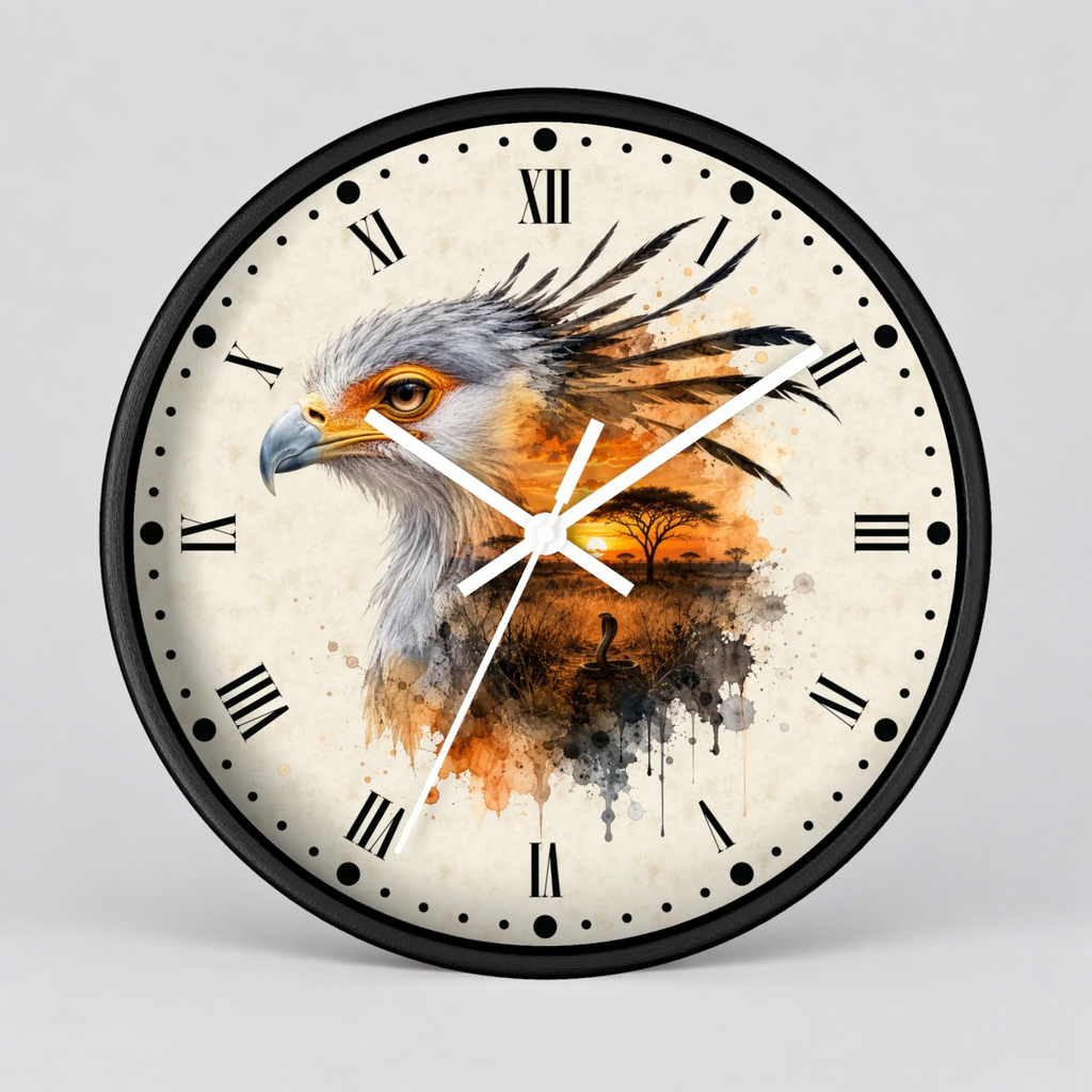 A round wall clock with a black frame and a cream-colored face featuring a watercolor-style painting of an eagle's head over an orange sunset landscape. The clock has black Roman numerals and white hands, shown against a neutral gray background.