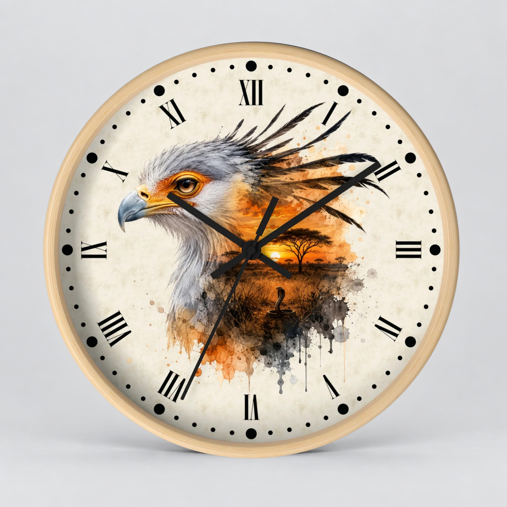 A round wall clock with a light wood frame and a cream-colored face featuring a detailed painting of an eagle in watercolor style with orange, black, and gray tones. The clock has black Roman numerals and hands on a light gray background.