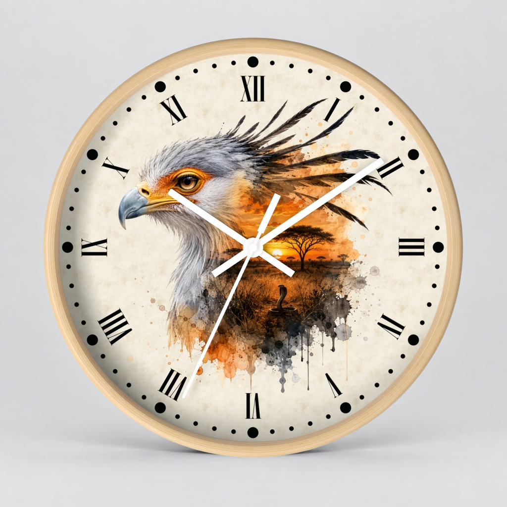 A round wall clock with a light wood frame and a cream-colored face featuring a detailed painting of an eagle's head layered over an orange and black sunset landscape. The clock has black Roman numerals and white hands, photographed against a neutral gray background.