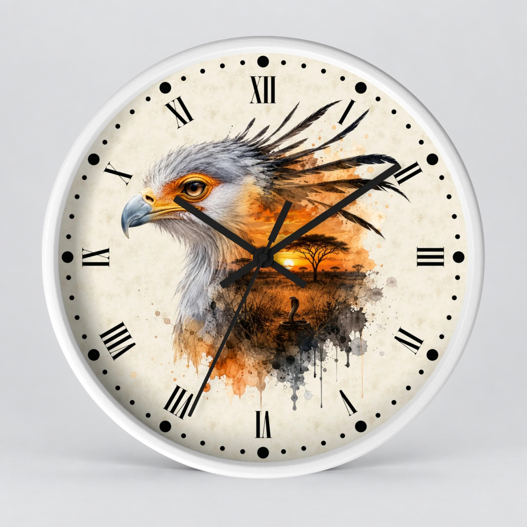 A round wall clock with a white frame and a cream-colored face featuring a watercolor-style eagle illustration in orange, black, and gray tones, with black Roman numerals and hands.