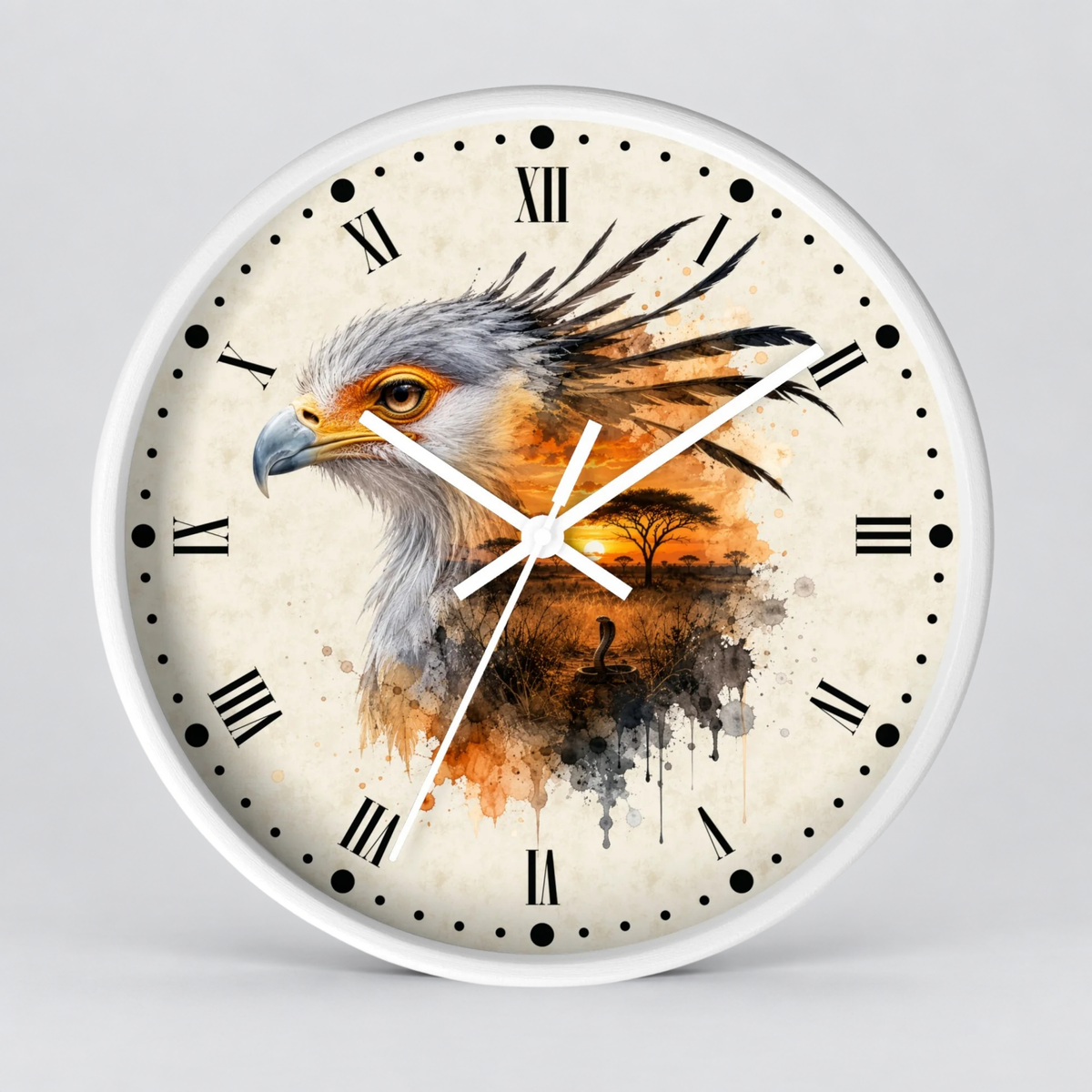 A round wall clock with a white frame and a cream-colored face featuring a painted eagle head and orange sunset scene, with black Roman numerals and white hands, shown on a light gray background.