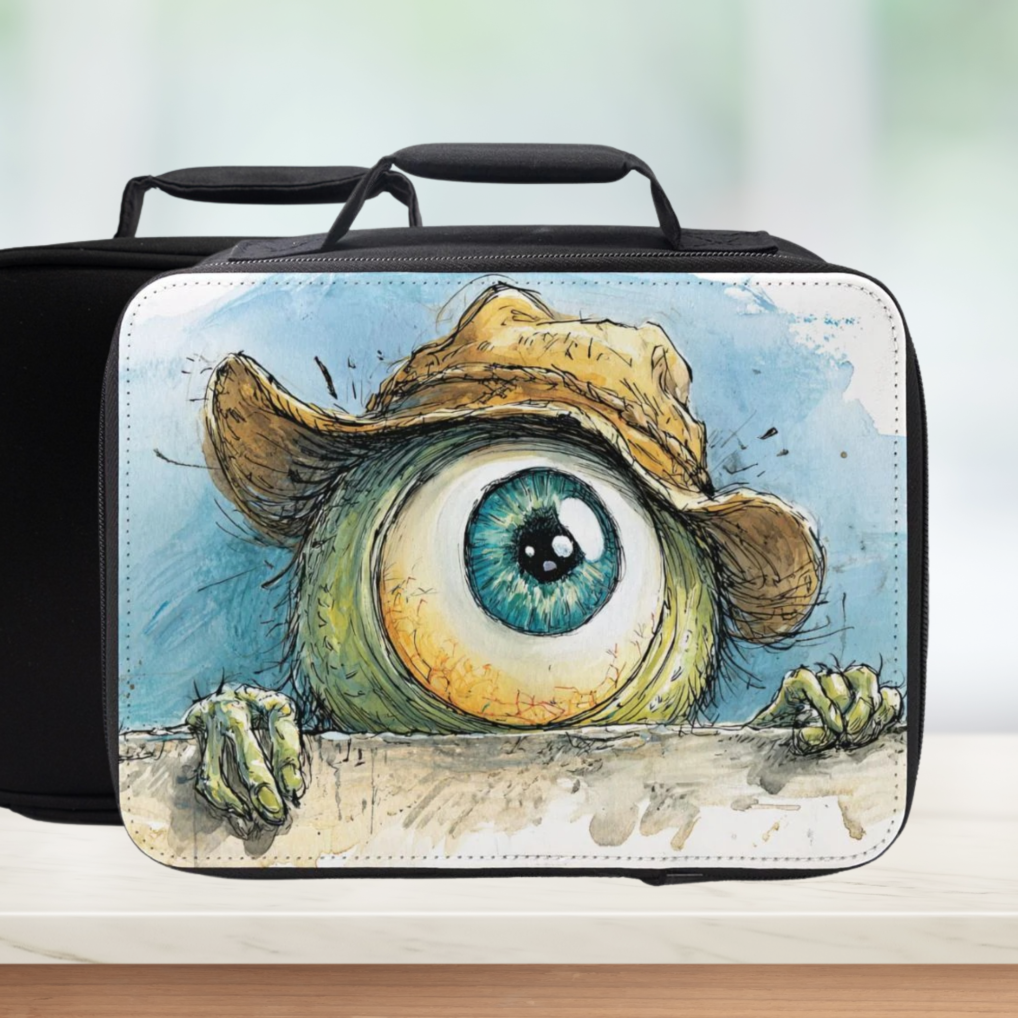  insulated lunch bag with cartoon eye design on a wooden surface