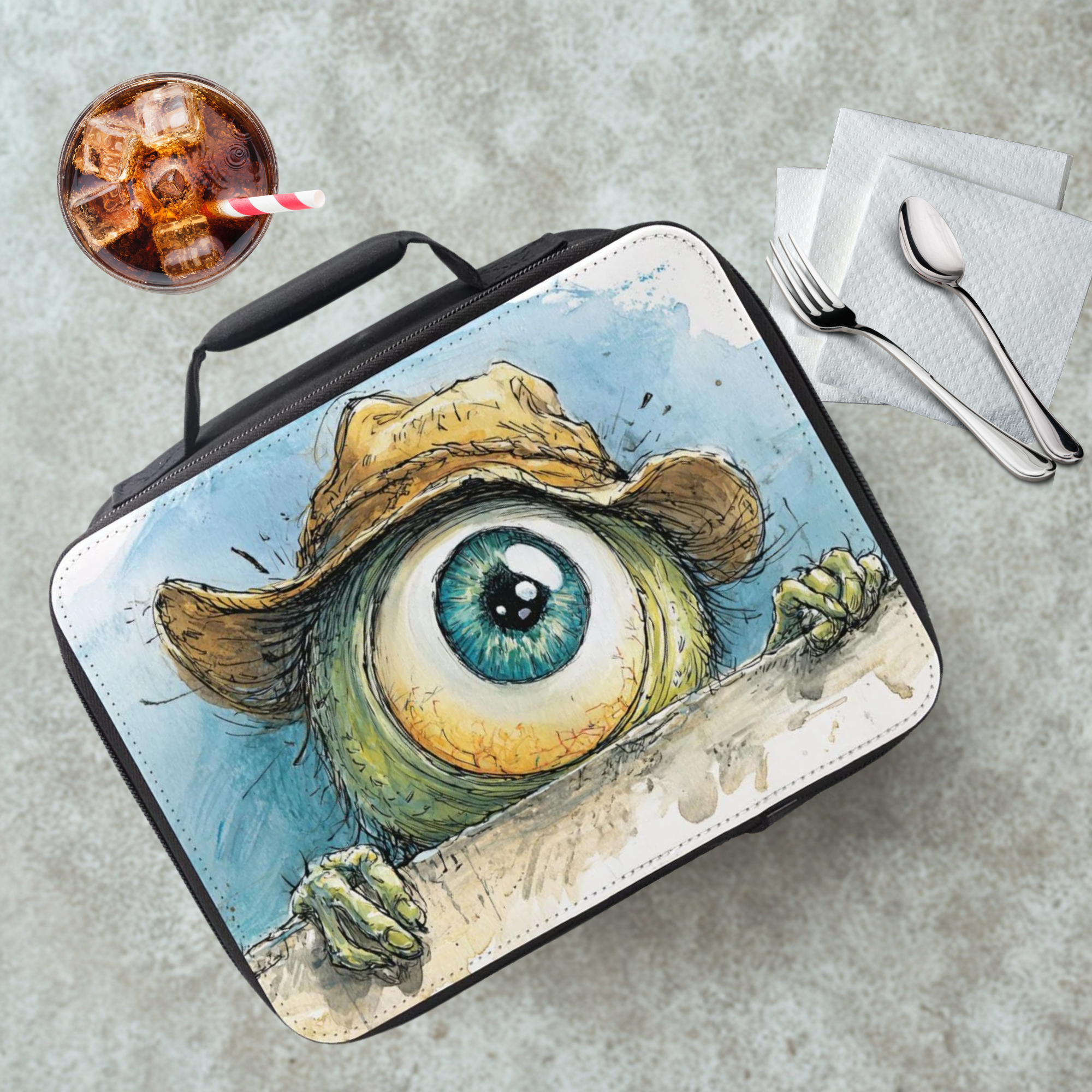Lunch bag with one eyed monster design on a cafeteria table with a drink and utensils.