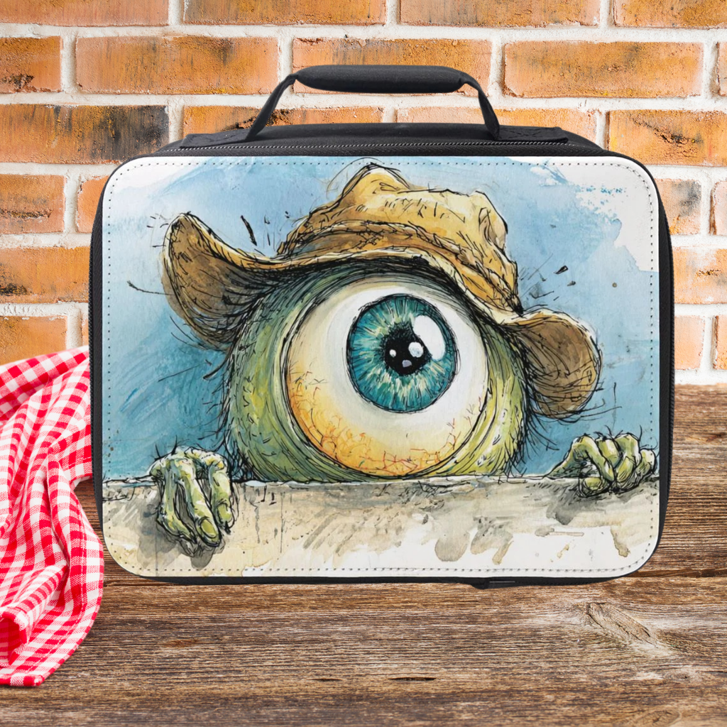 Lunch bag with a cartoonish eye design on a wooden picnic table with a brick wall background