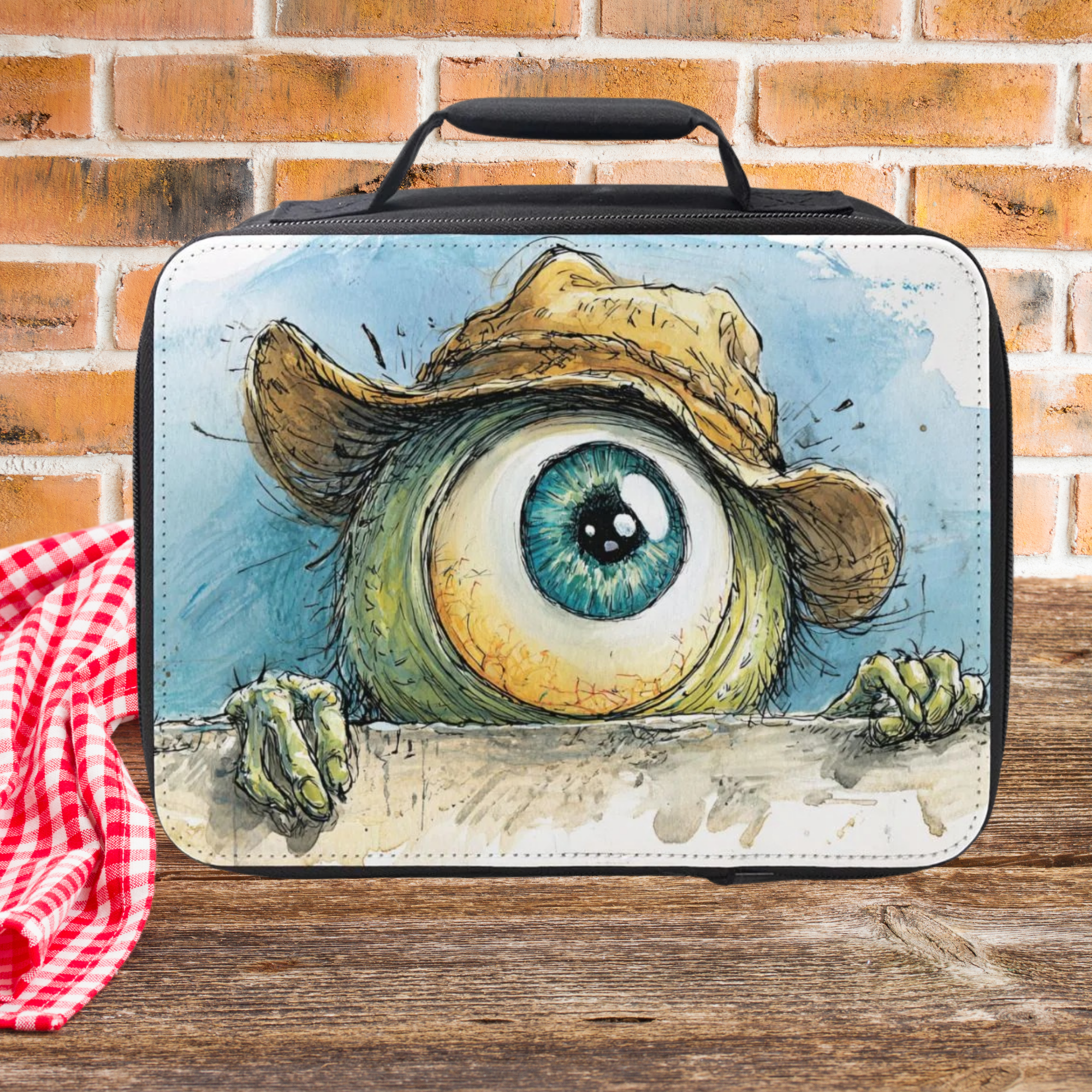 Lunch bag with a cartoonish eye design on a wooden picnic table with a brick wall background