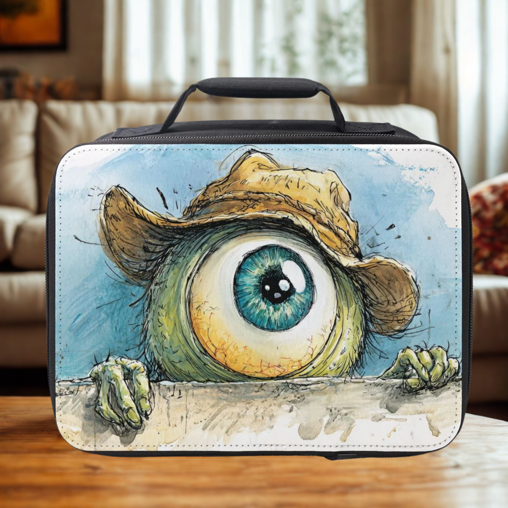  insulated lunch bag with eye design and cowboy hat on a wooden living room table