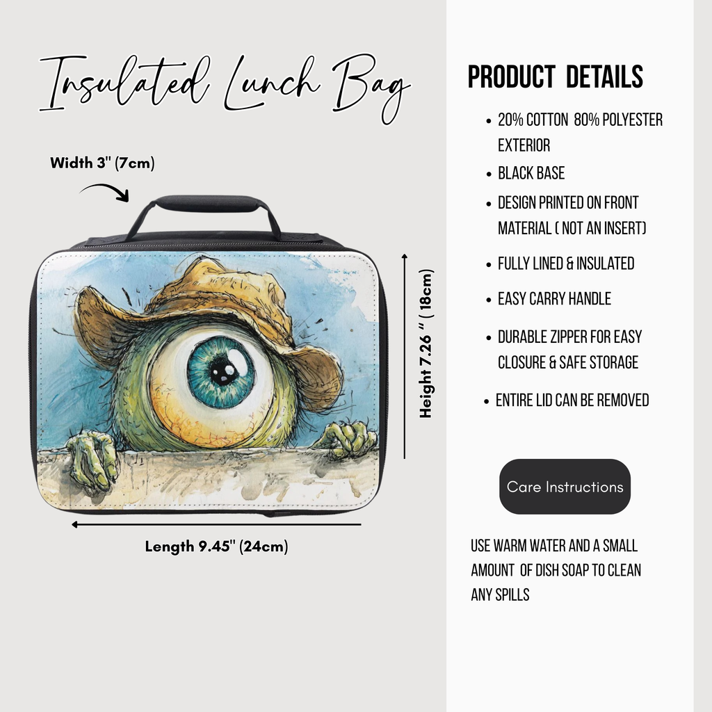 Insulated lunch bag with eye design and product details on a white background