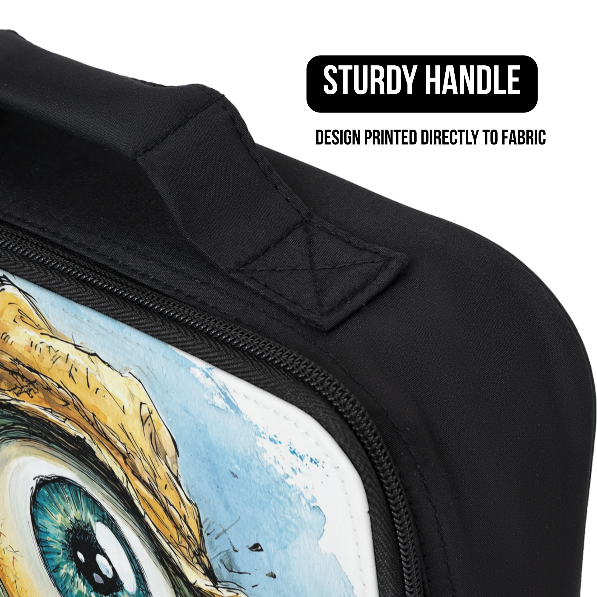 Black lunch bag with a detailed eye design and sturdy handle on a white background