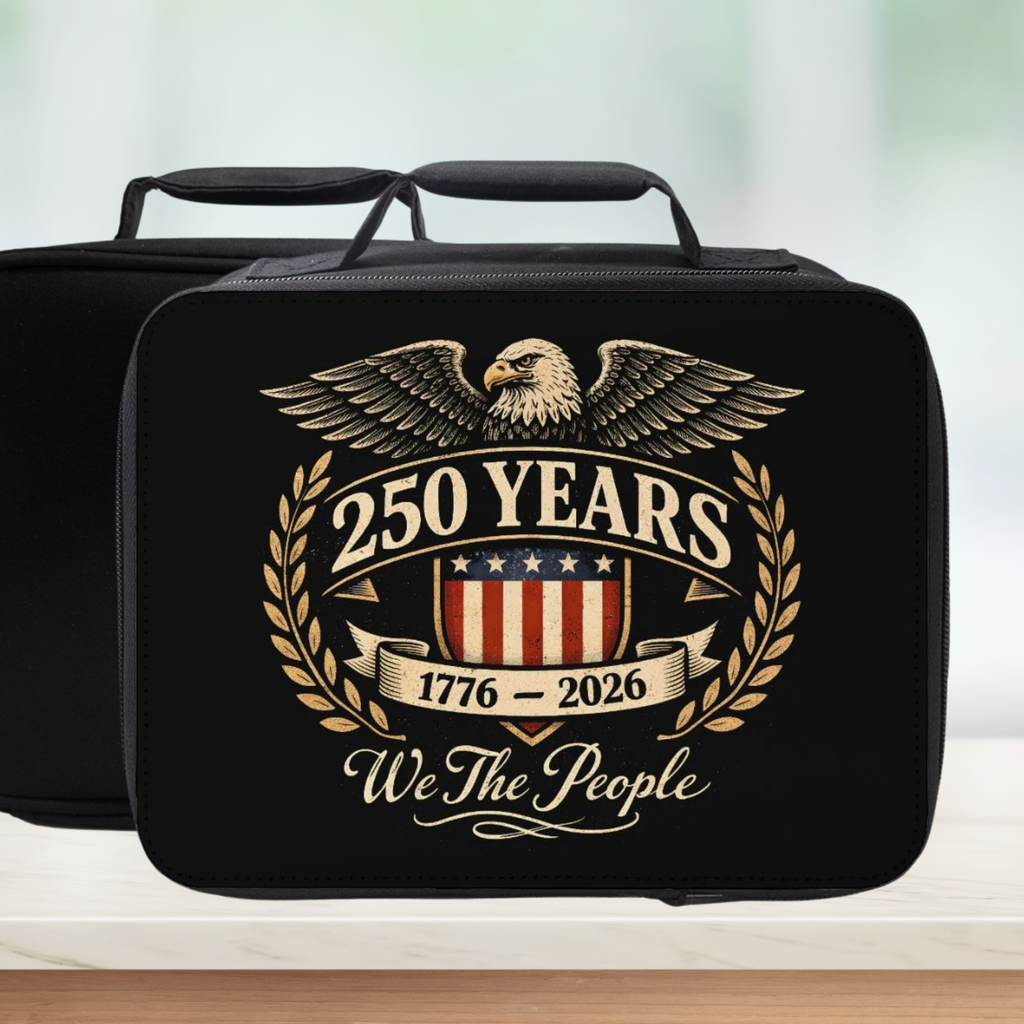 Black lunch bag with '250 Years 1776-2026 We The People' design featuring an eagle and American flag.