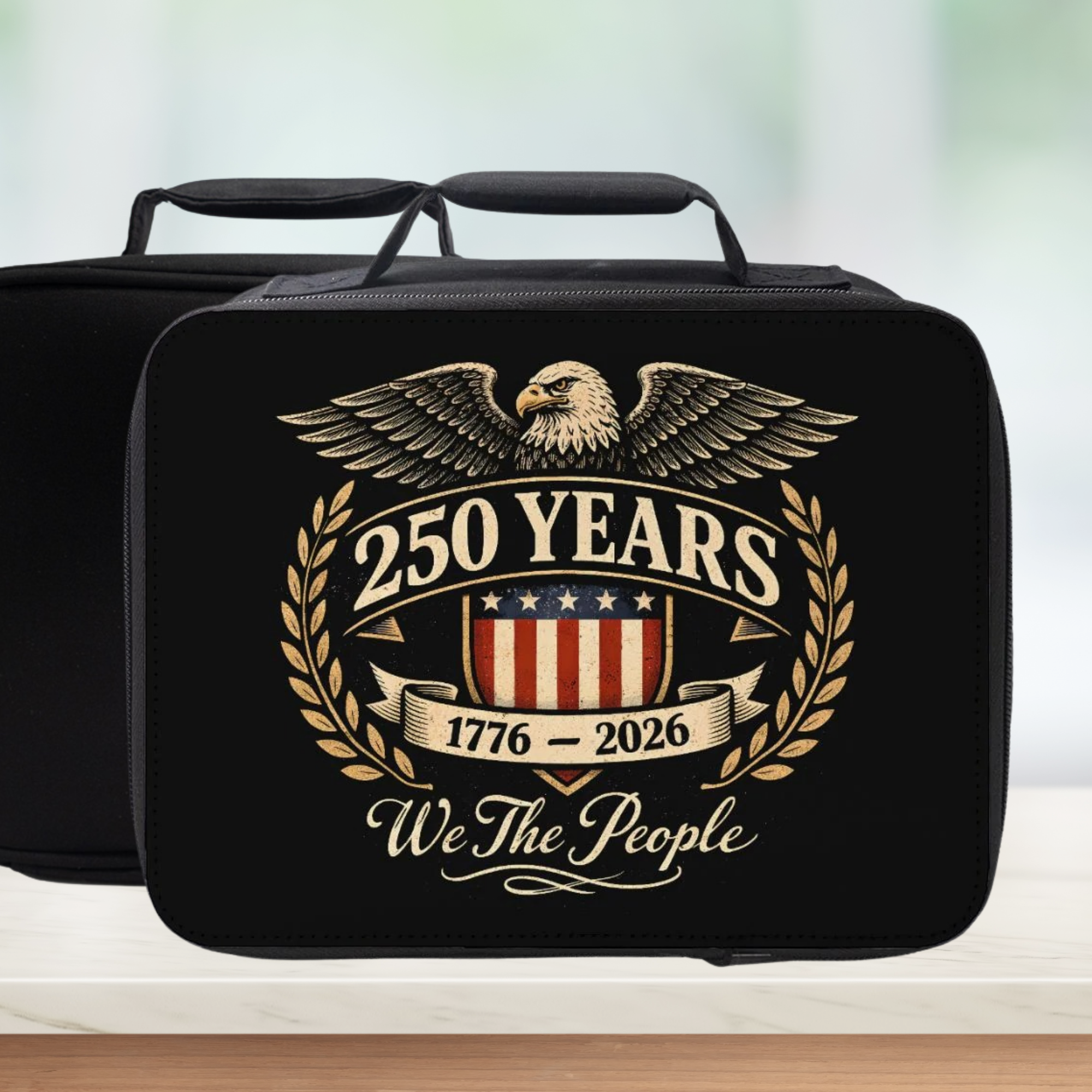 Black lunch bag with '250 Years 1776-2026 We The People' design featuring an eagle and American flag.