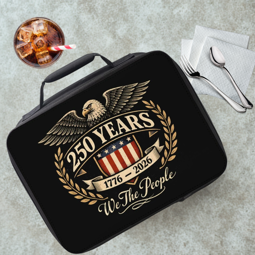 Black lunch box with eagle and American flag design on a gray table with a drink and utensils.