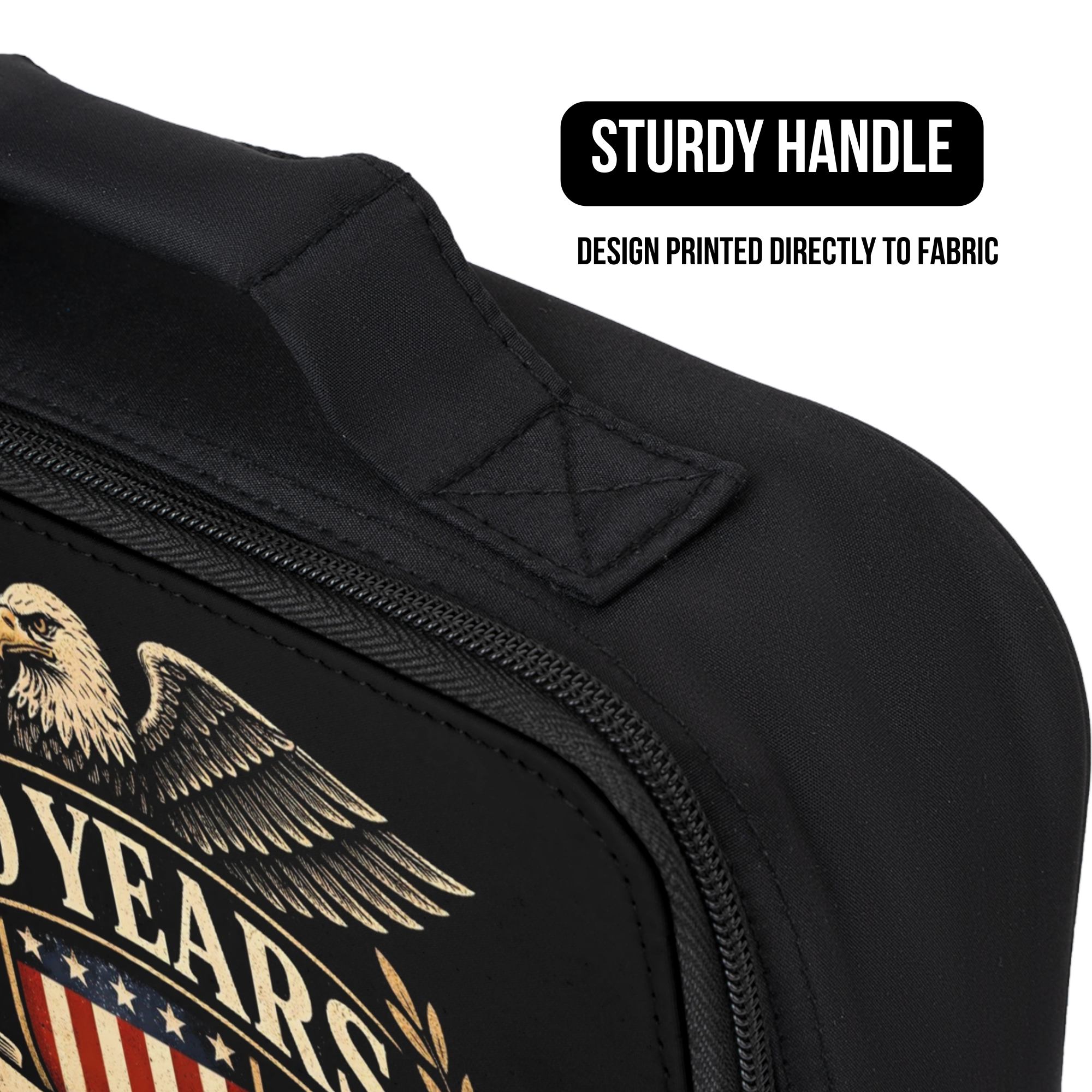 Black bag with eagle design and text, featuring a sturdy handle and printed design.