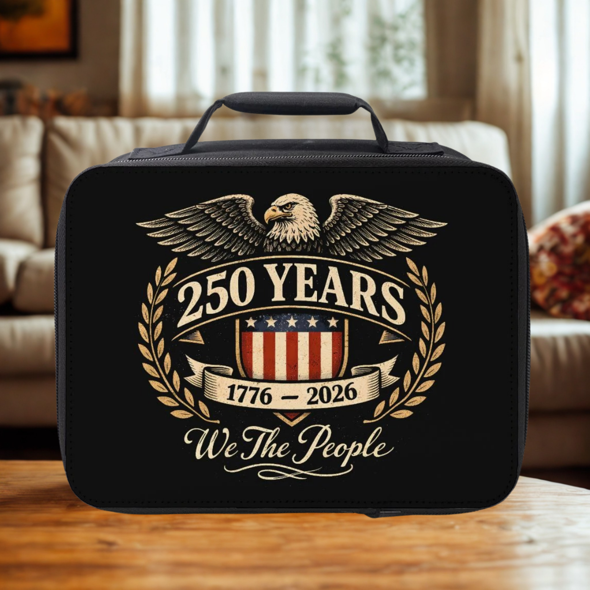 Black lunch bag with eagle and American flag design on a wooden table.