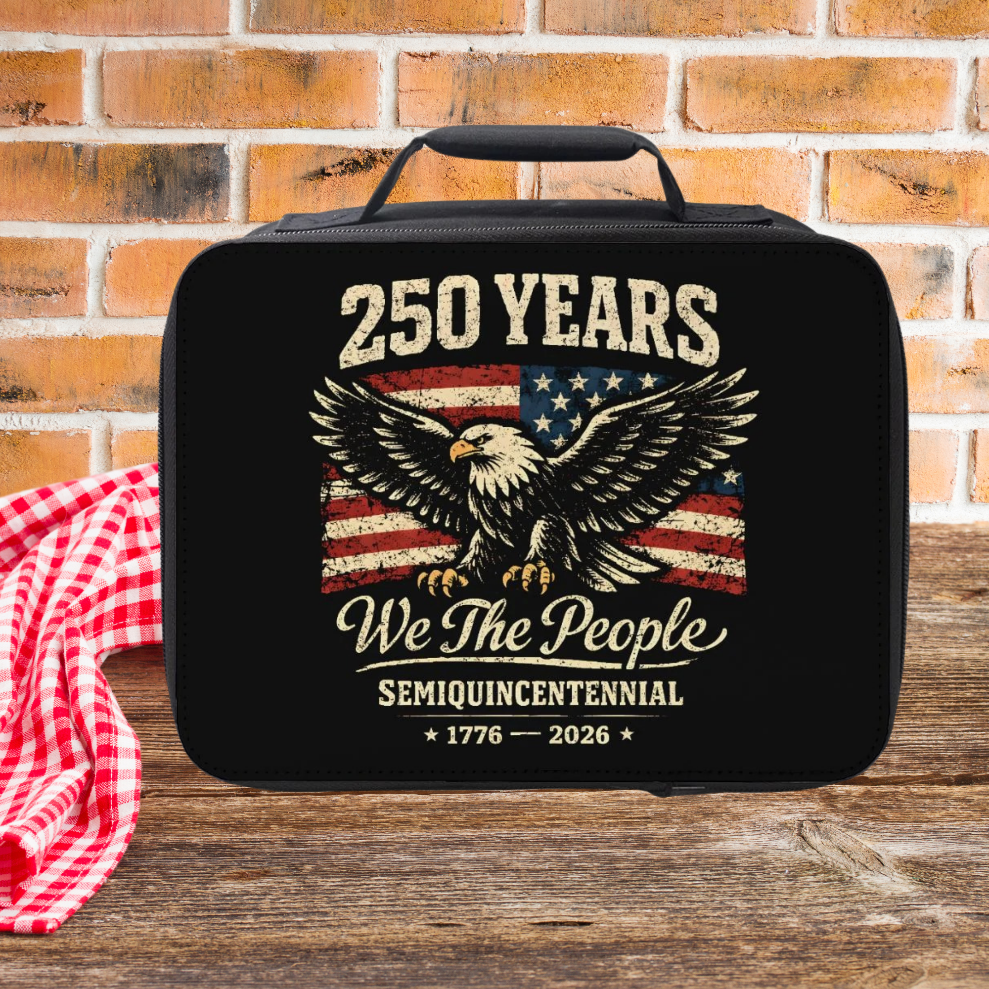 Black lunch bag with American flag and eagle semi-quincentennial design on a wooden picnic table  against a brick wall background