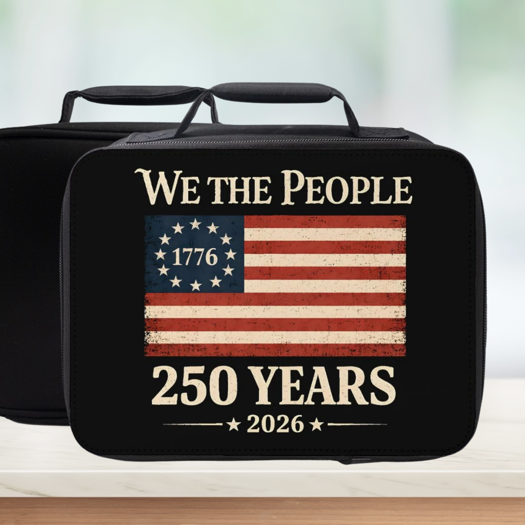 Black lunch box with American flag and 'We the People 250 Years' text on a blurred background