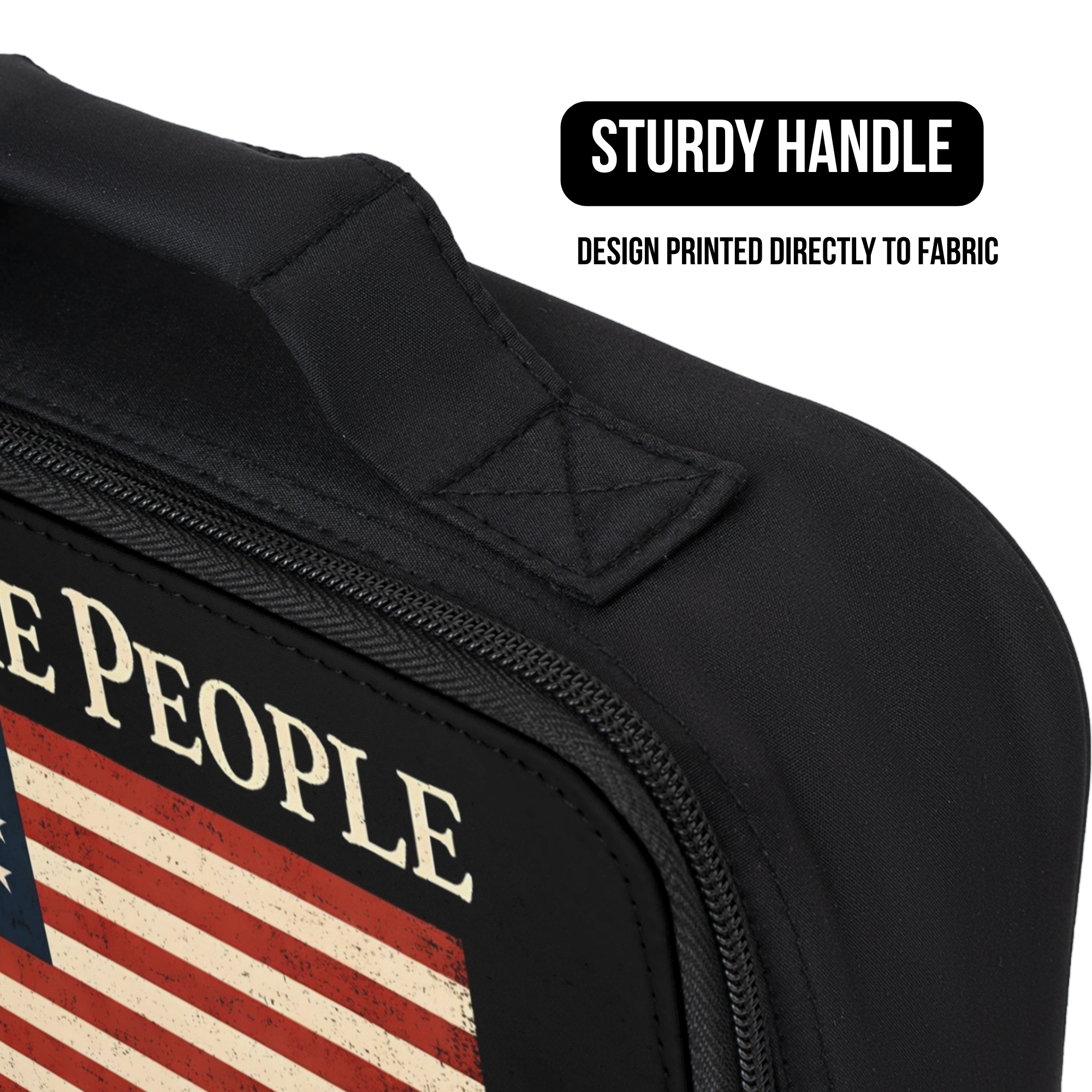 Black bag with American design and American flag, featuring a sturdy handle.