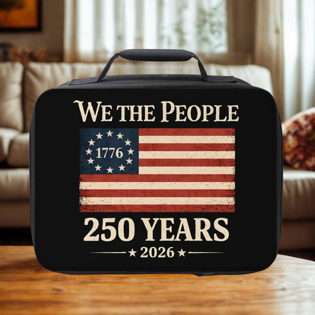 Black lunch bag with American flag 250 Years design and text on a wooden coffee table in a cozy living room.