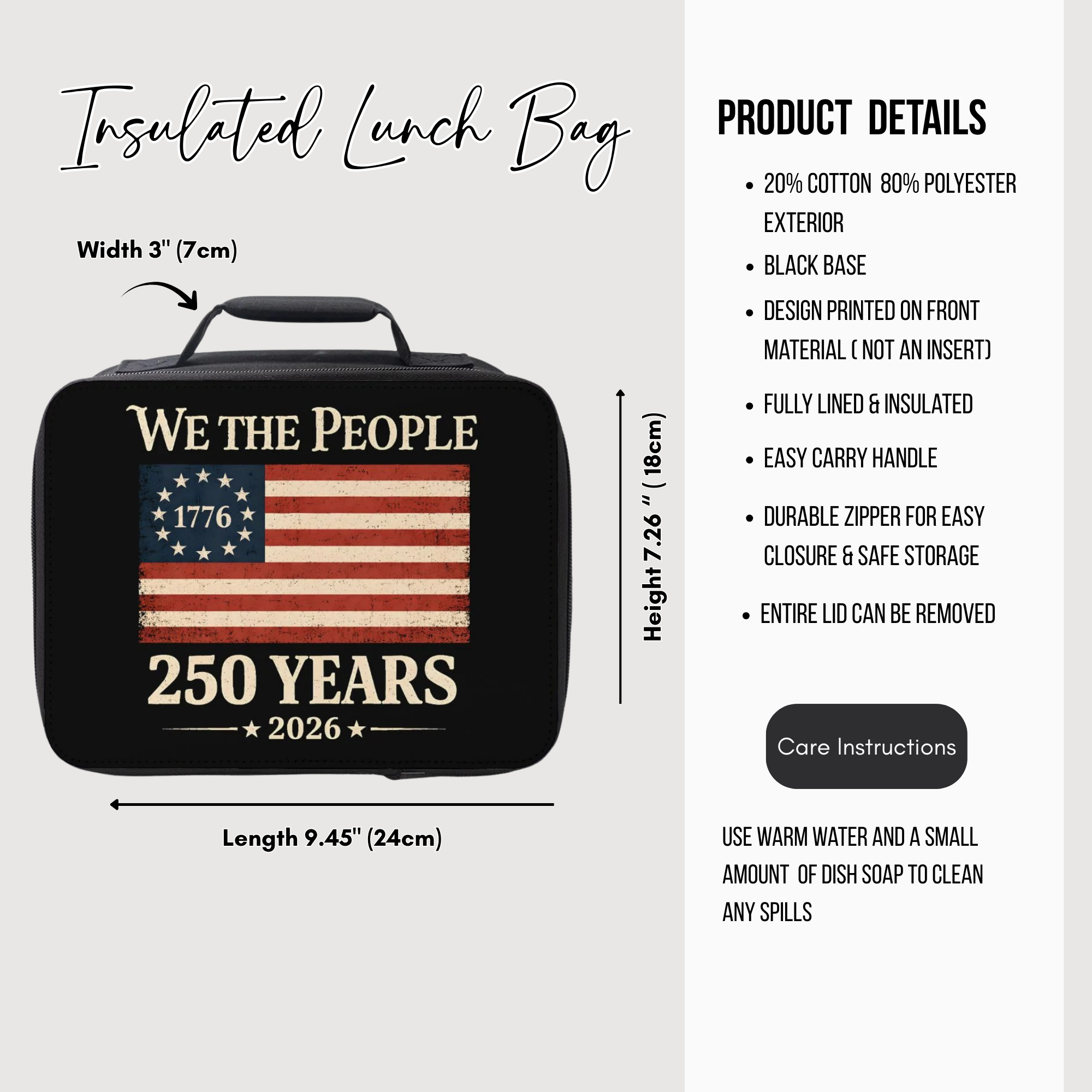 Insulated lunch bag with American flag design and product details on a white background