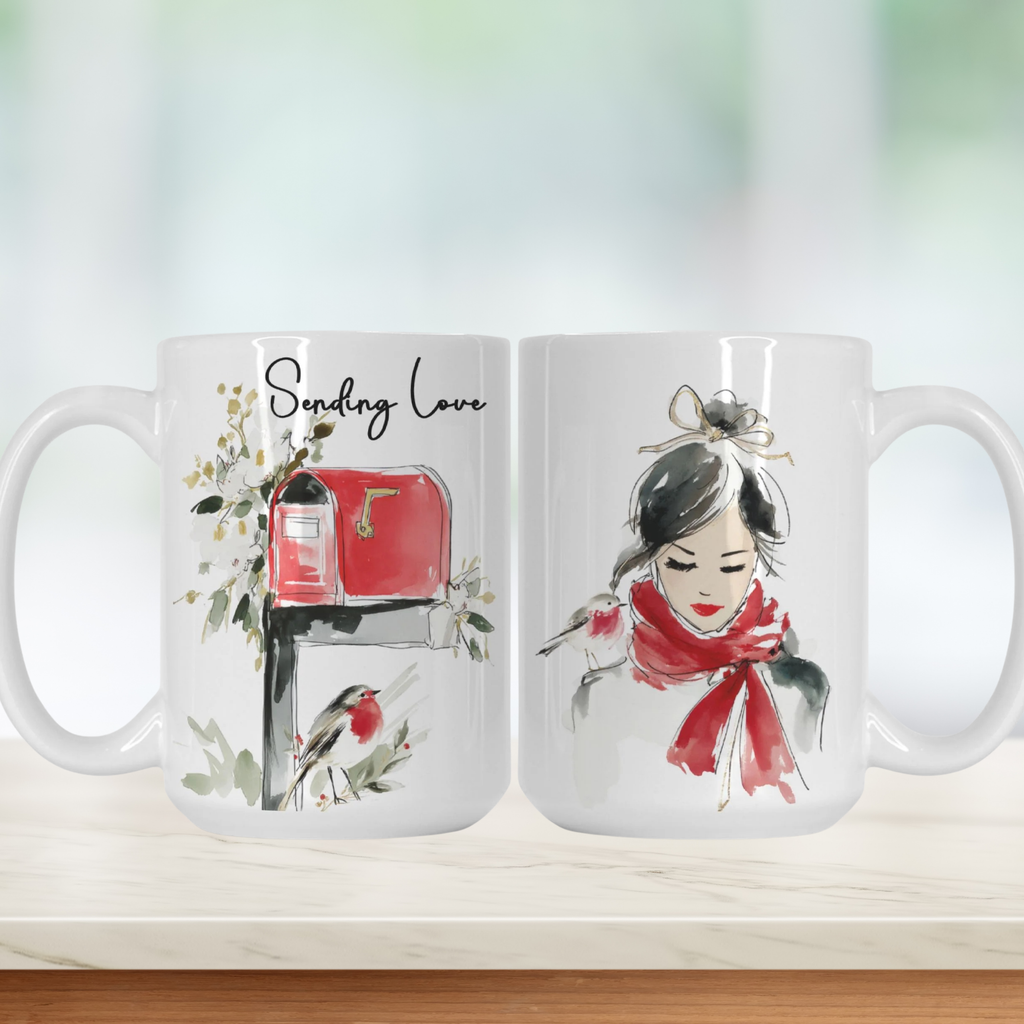 Two mugs with artistic designs of a woman, mailbox, and birds on a white background.