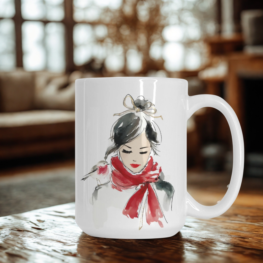 White mug with a artistic design of a woman wearing a red scarf on a wooden table.