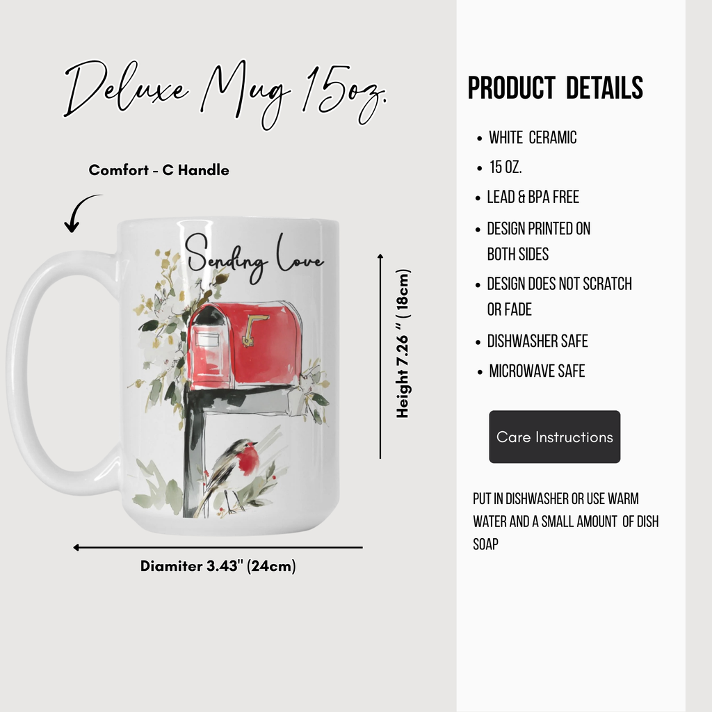 White ceramic mug with a design of a red mailbox and bird, labeled 'Sending Love'. Product details listed on the right.