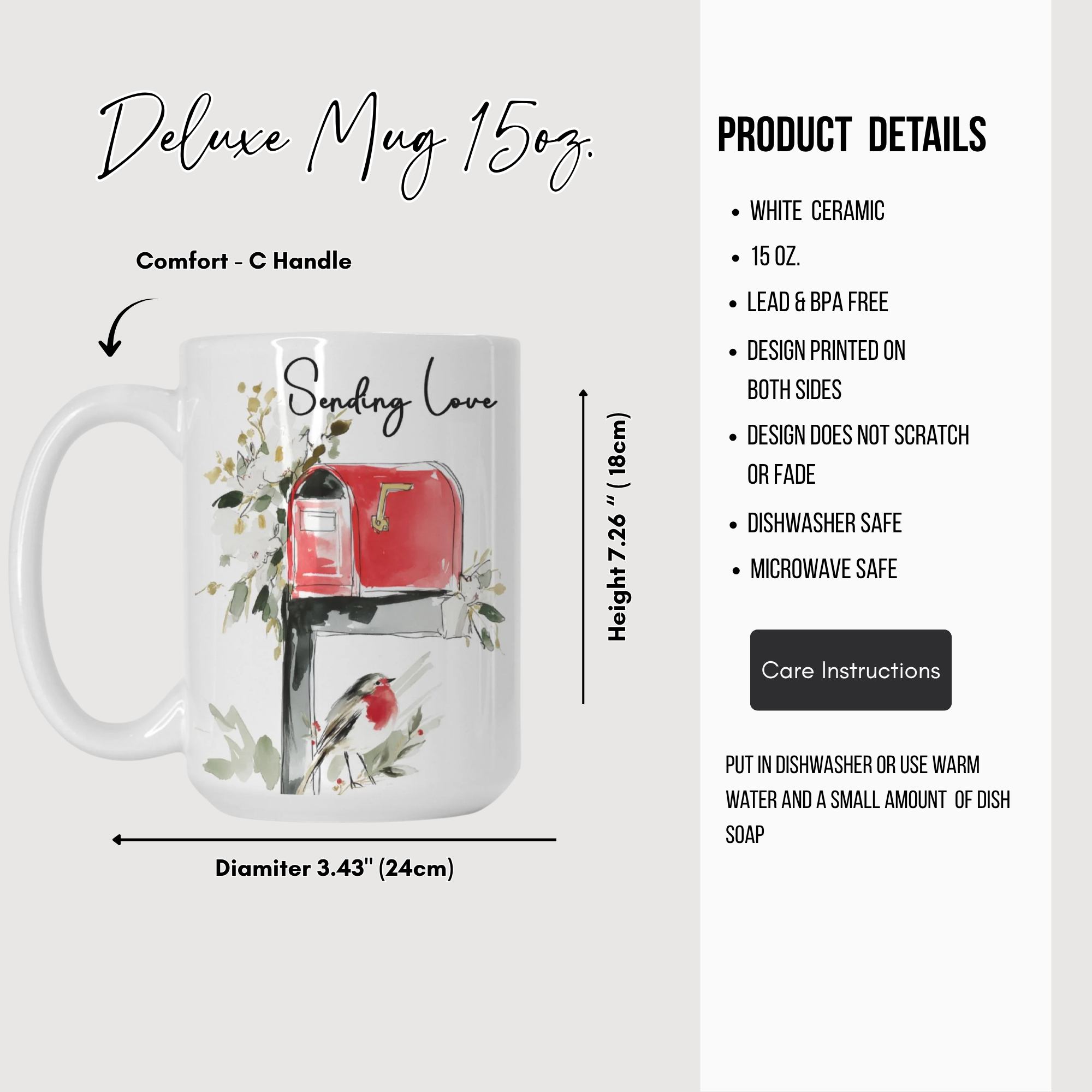 White ceramic mug with a design of a red mailbox and bird, labeled 'Sending Love'. Product details listed on the right.