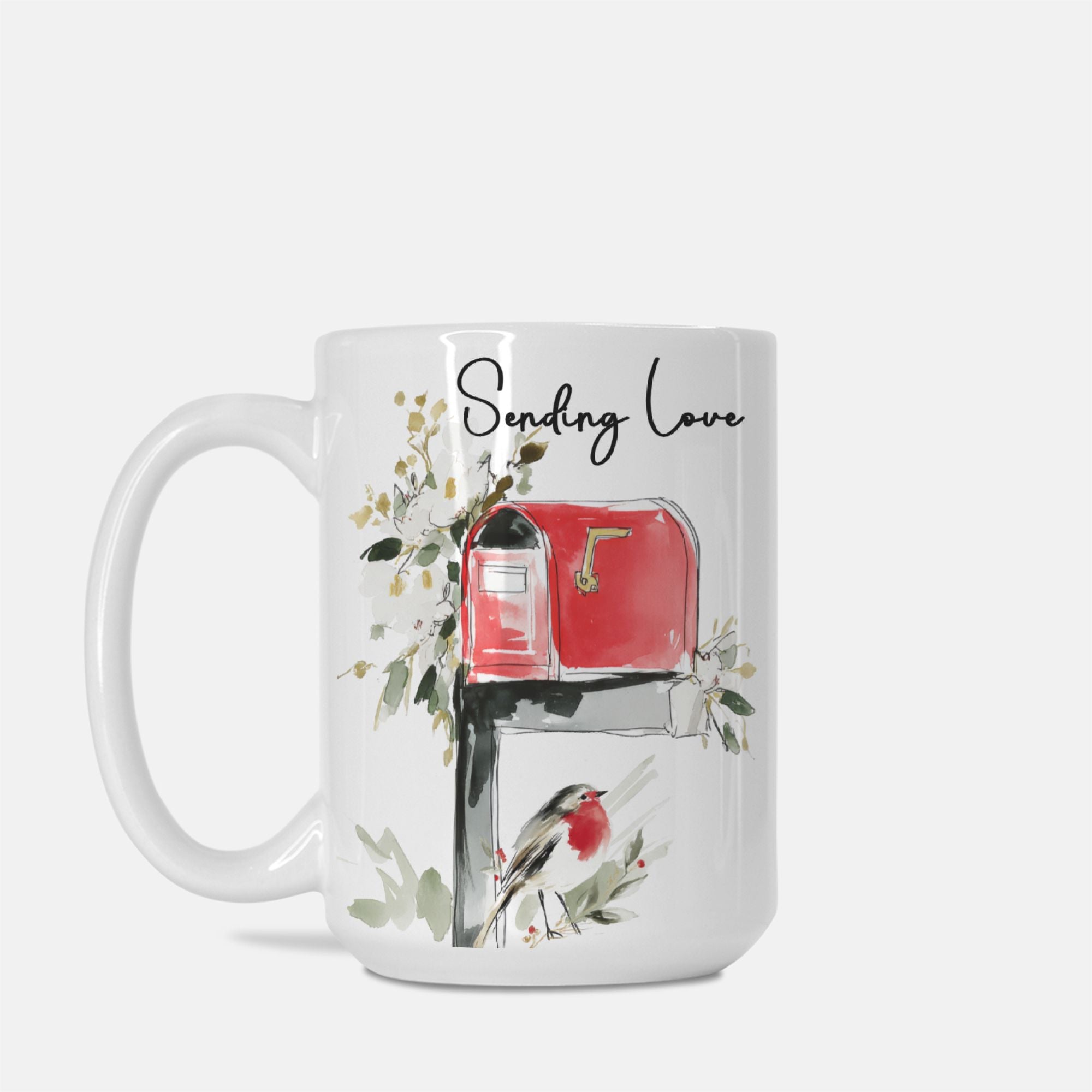 Mug with a design of a red mailbox, bird, and floral elements on a white background.