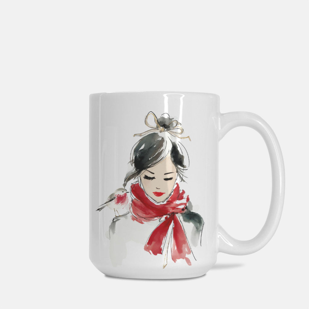 White mug with a decorative design of a woman wearing a red scarf on a white background