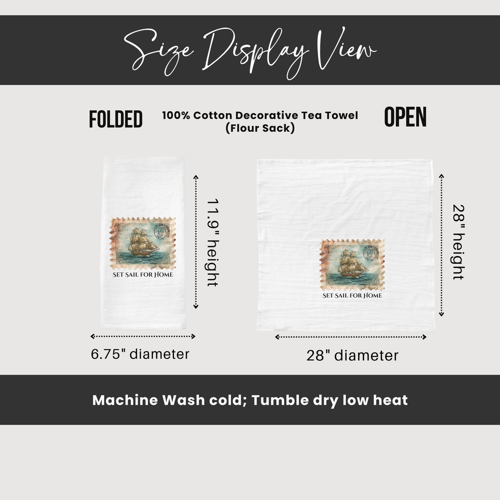 Measurement chart for a decorative tea towel showing folded and open dimensions.