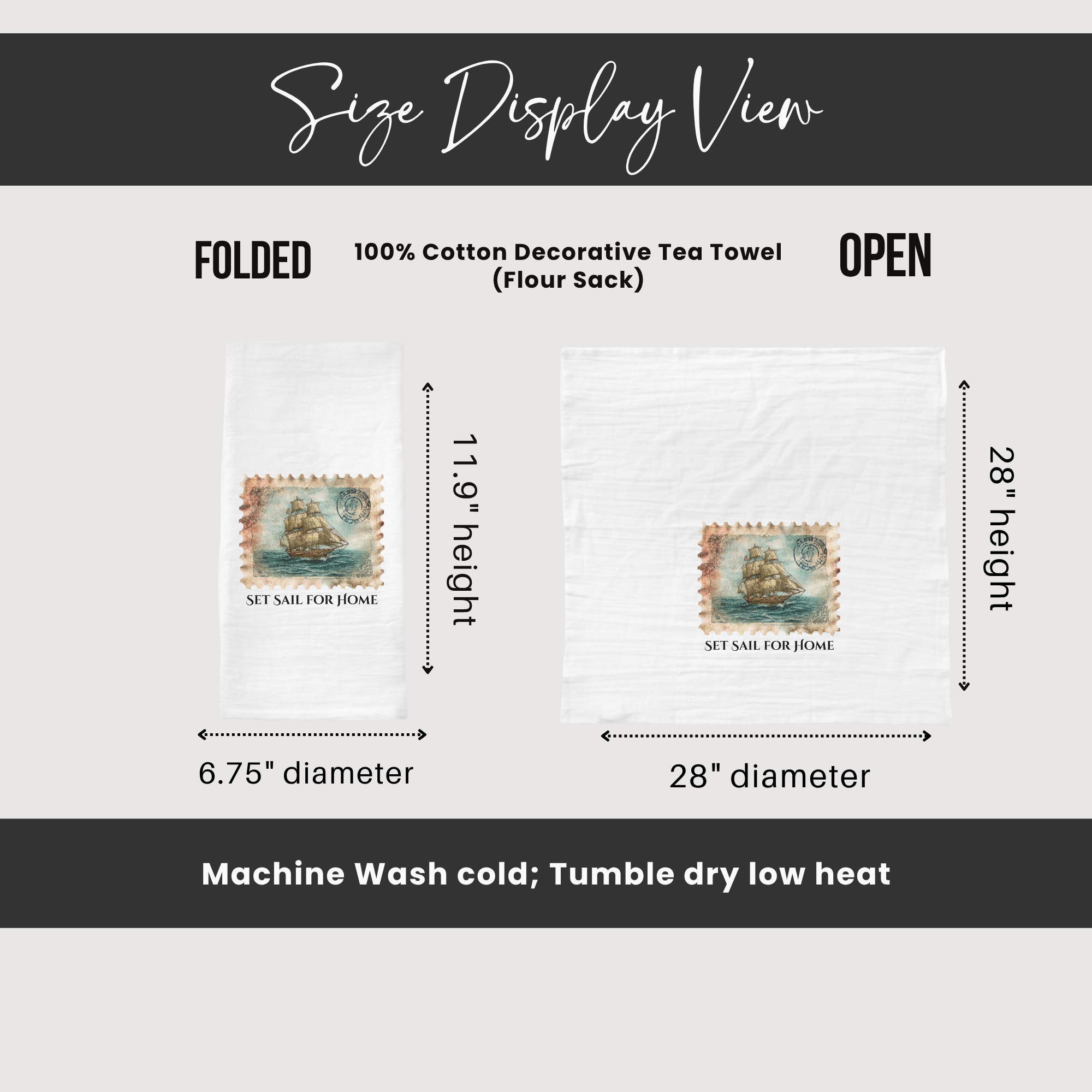 Measurement chart for a decorative tea towel showing folded and open dimensions.
