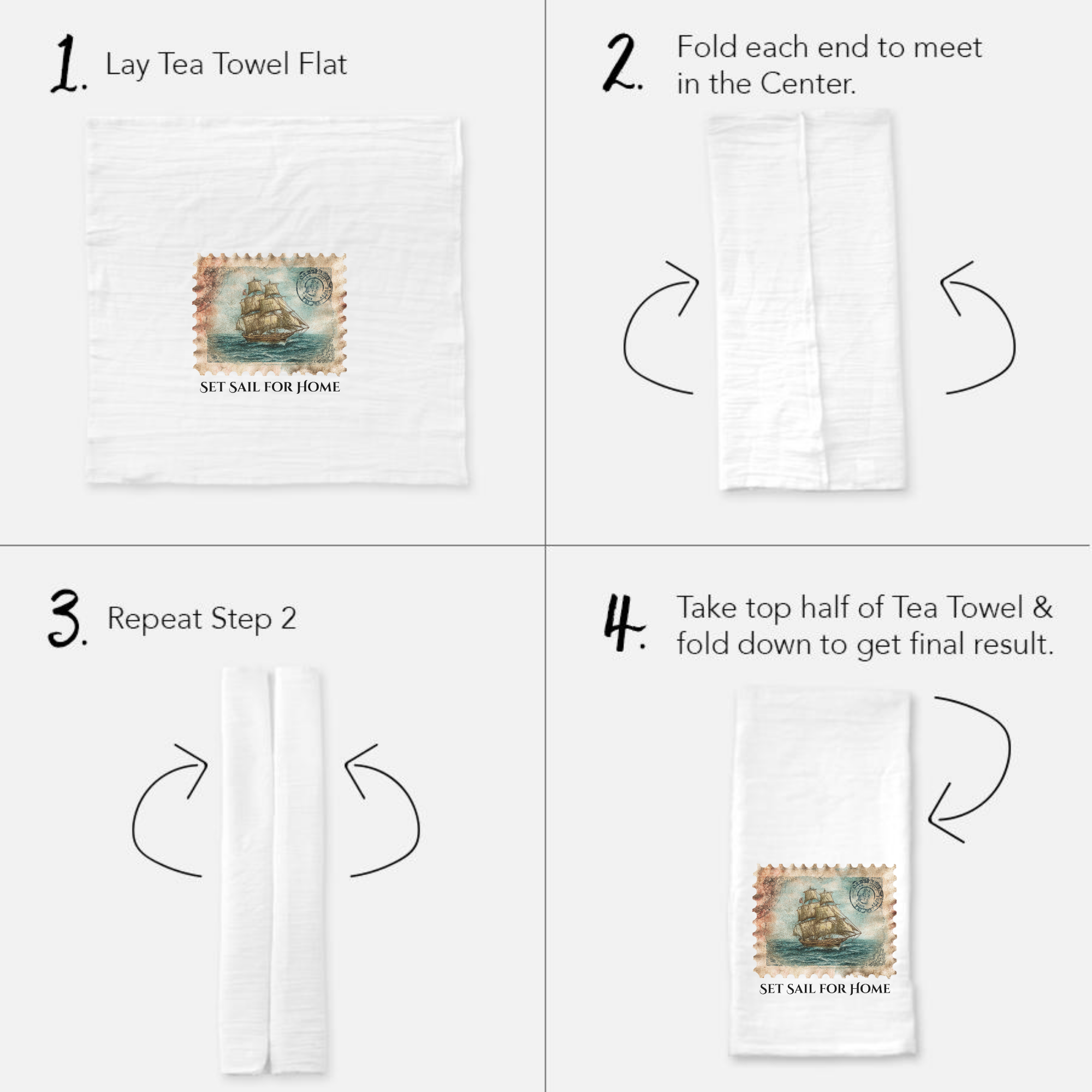 Step-by-step guide on folding a tea towel with illustrations and text.