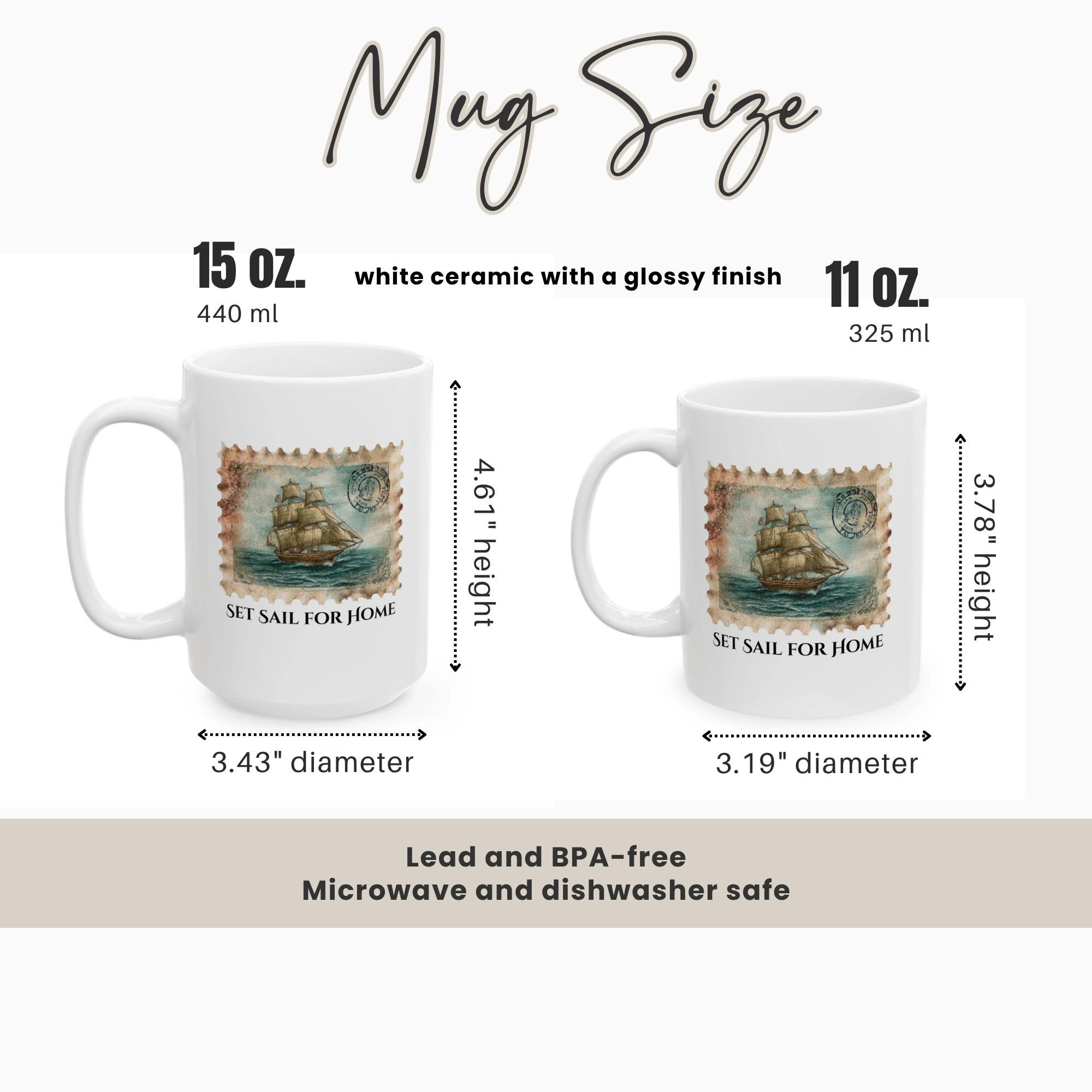 Two mugs with ship design labels and measurements on a white background
