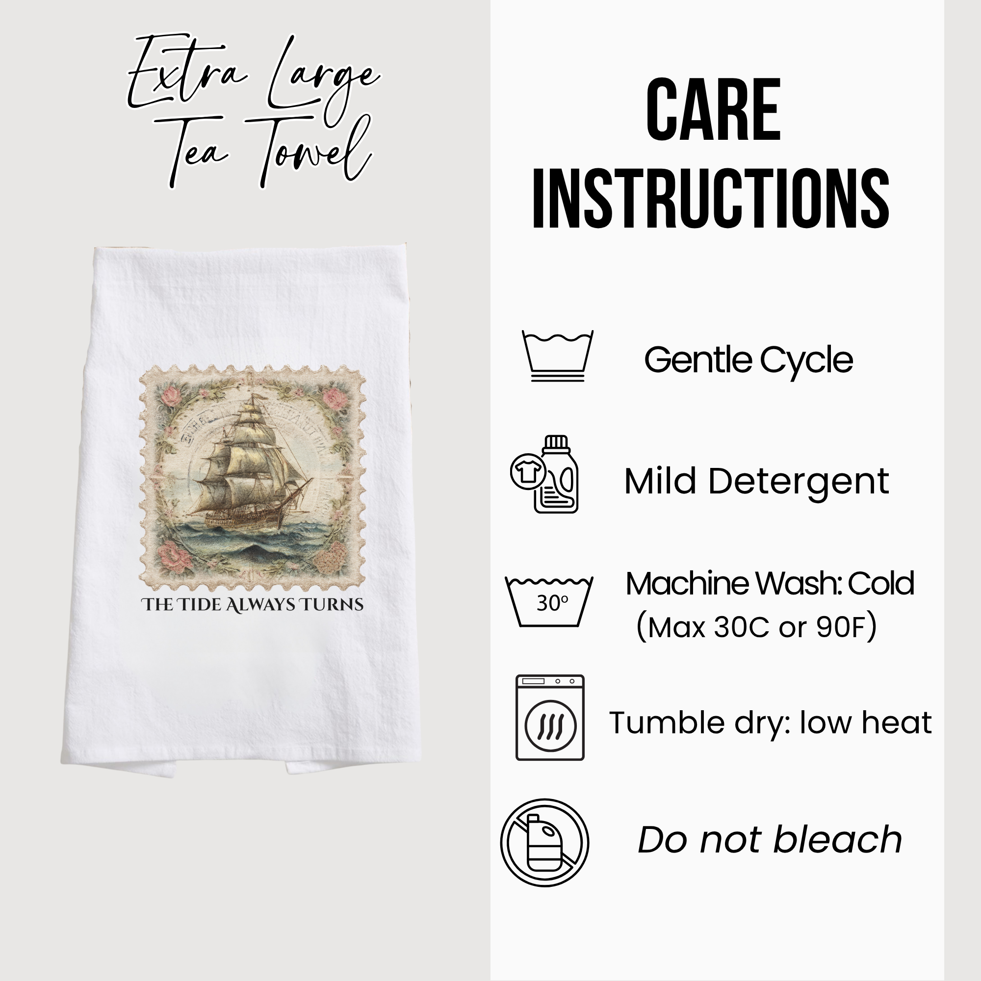 Tea towel with ship design and care instructions on a white background