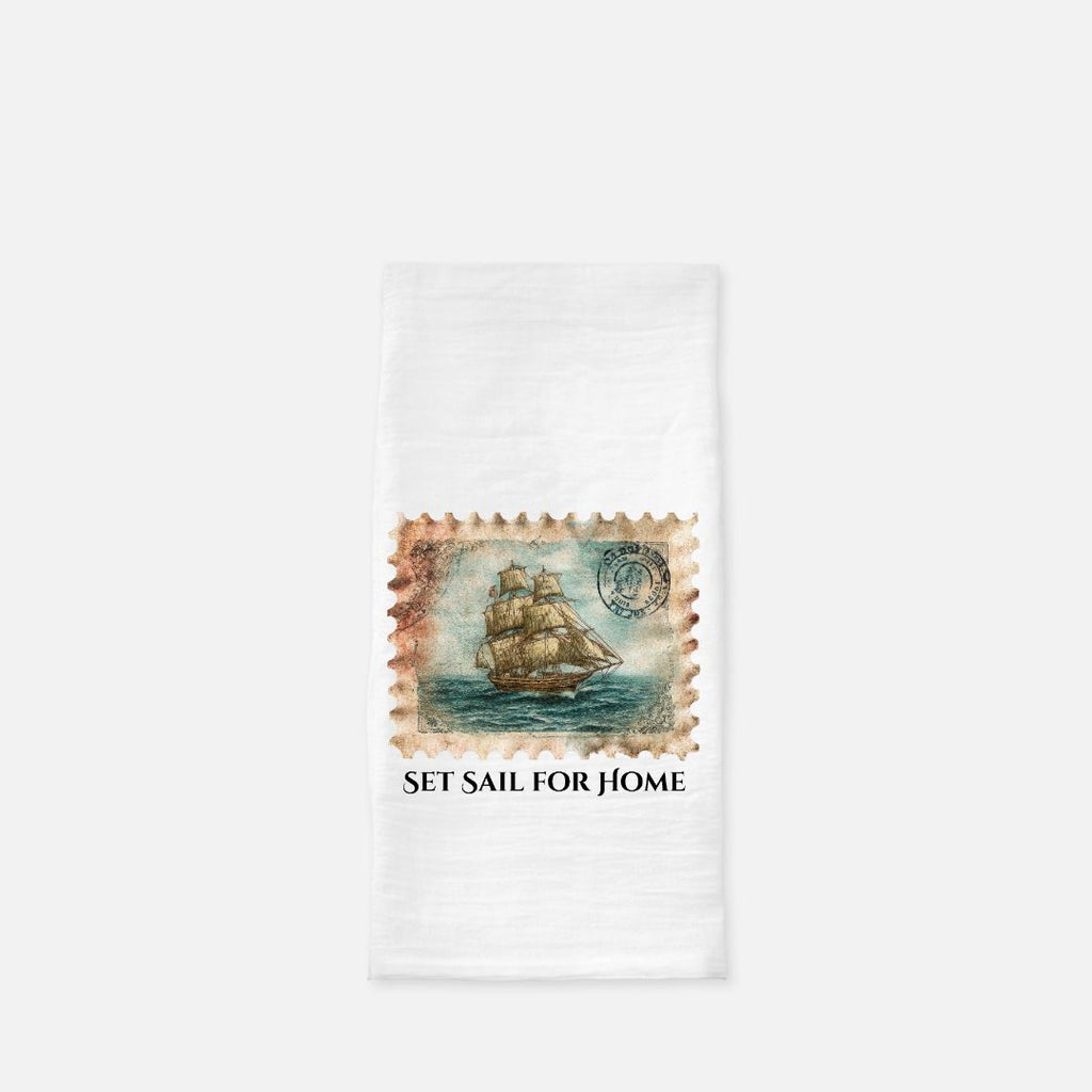 Tea towel with a vintage ship design and 'Set Sail for Home' text on a white background