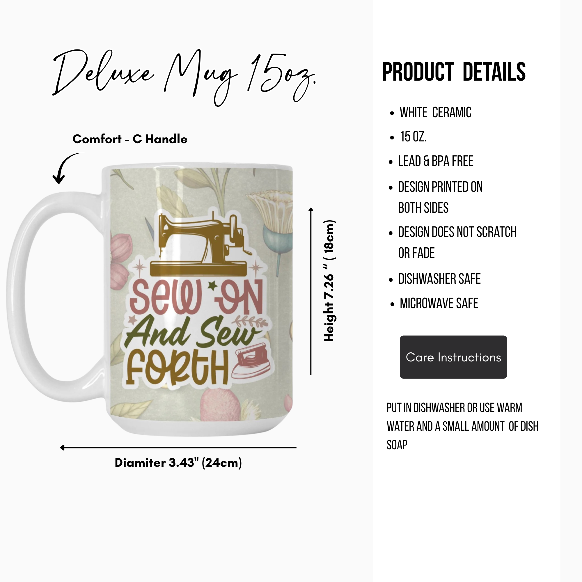 Mug with sewing-themed design and product details on a white background