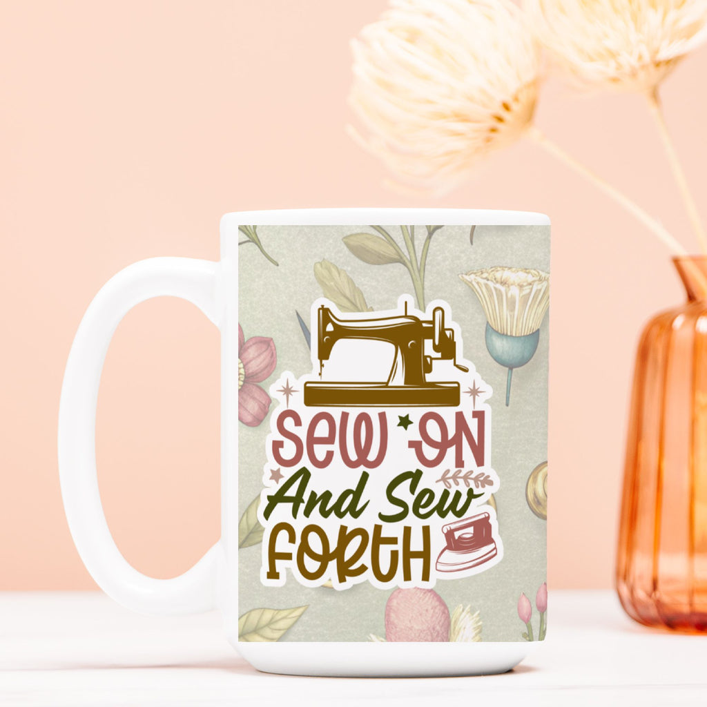 Mug with sewing-themed design and text on a light background