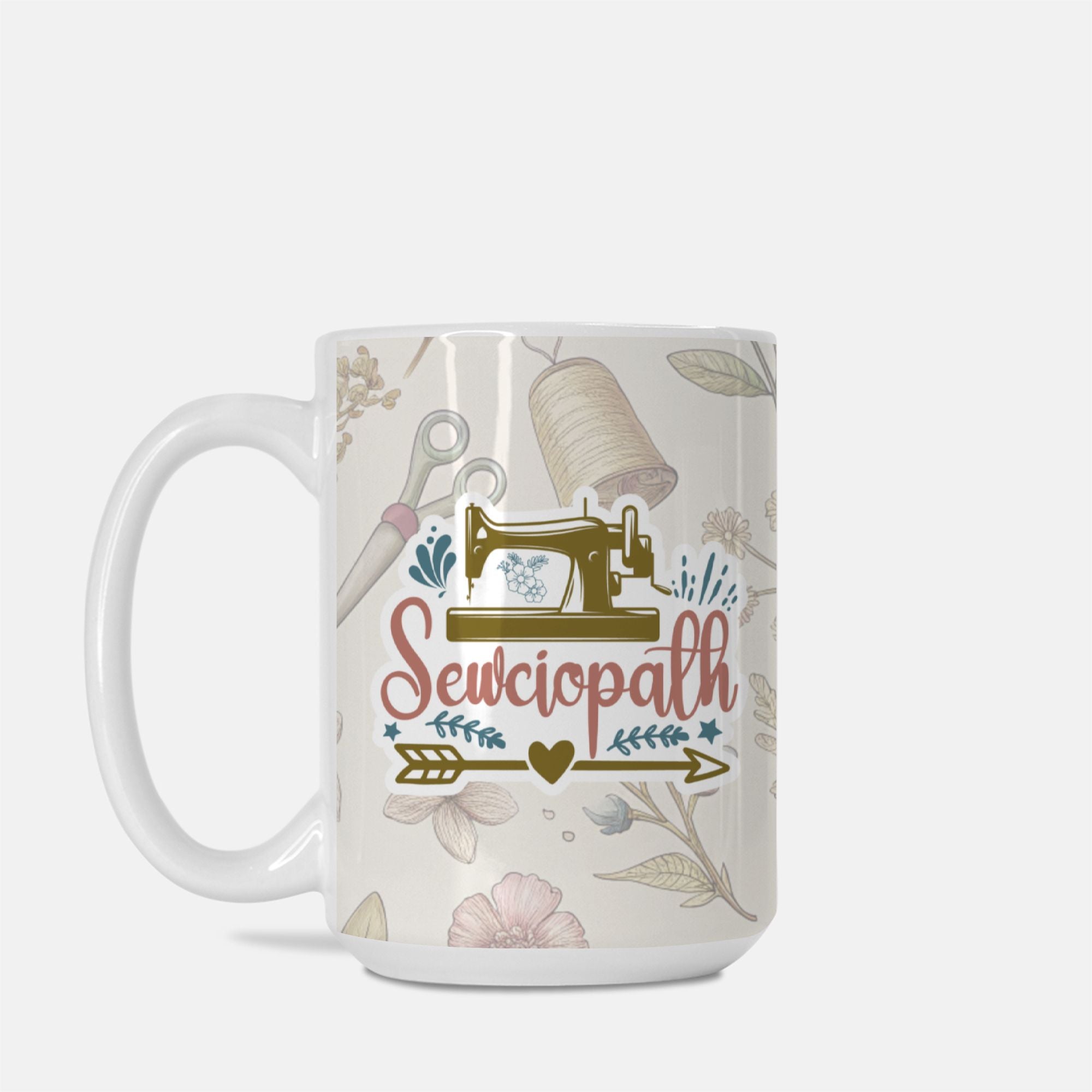 Mug with sewing-themed design and 'Sewciopath' text on a white background