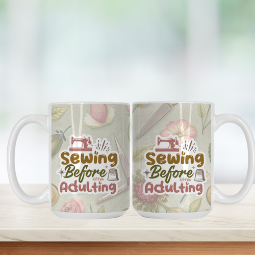 Two mugs with 'Sewing Before Adulting' design on a light background