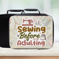 Lunch bag with 'Sewing Before Adulting' text on a neutral background