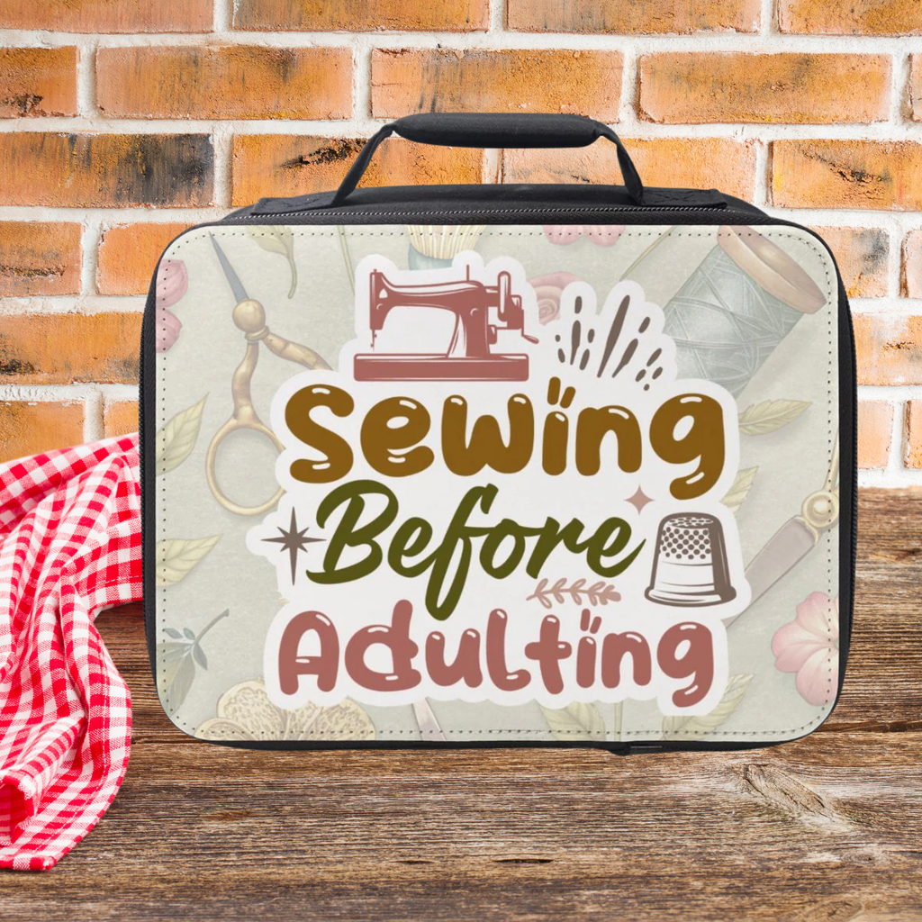Sewing kit with 'Sewing Before Adulting' text on a wooden picnic table against a brick wall background