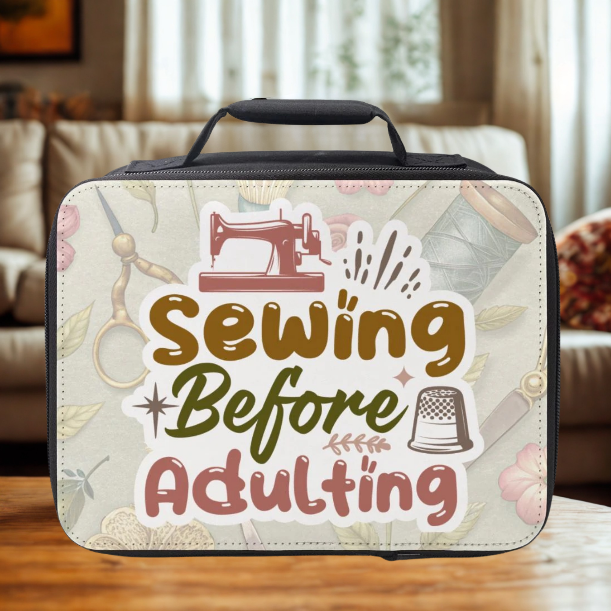 Sewing-themed lunch bag with 'Sewing Before Adulting' text on a wooden surface.