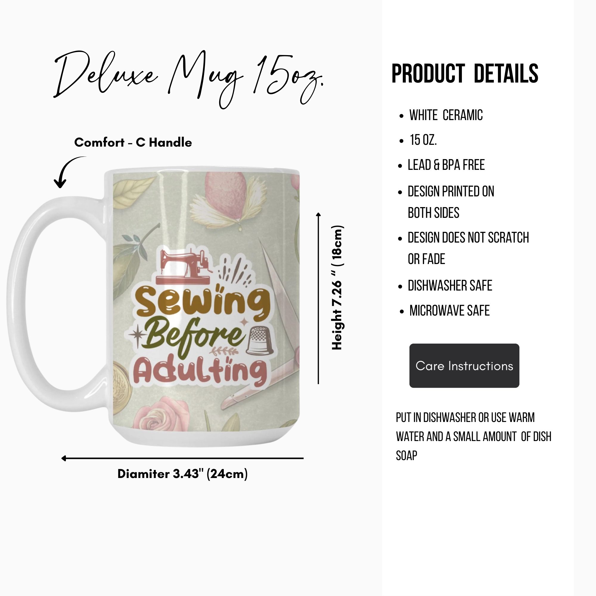 Mug with 'Sewing Before Adulting' design and product details on a white background