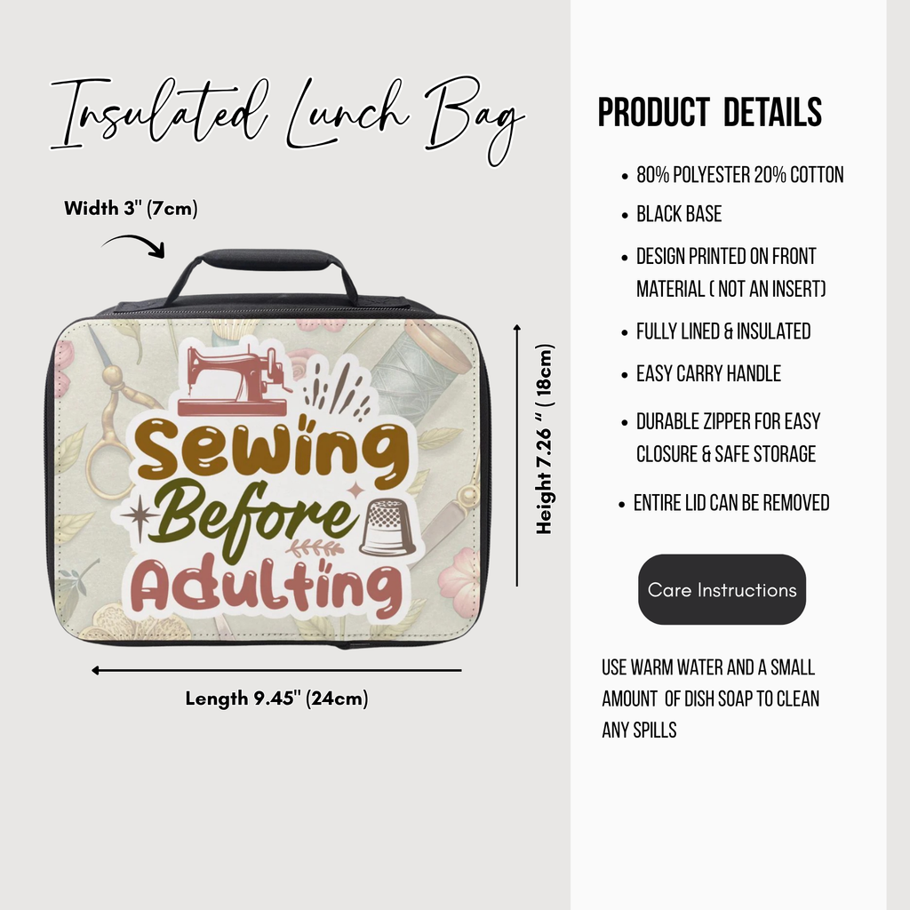 Insulated lunch bag with 'Sewing Before Adulting' design and product details on a white background
