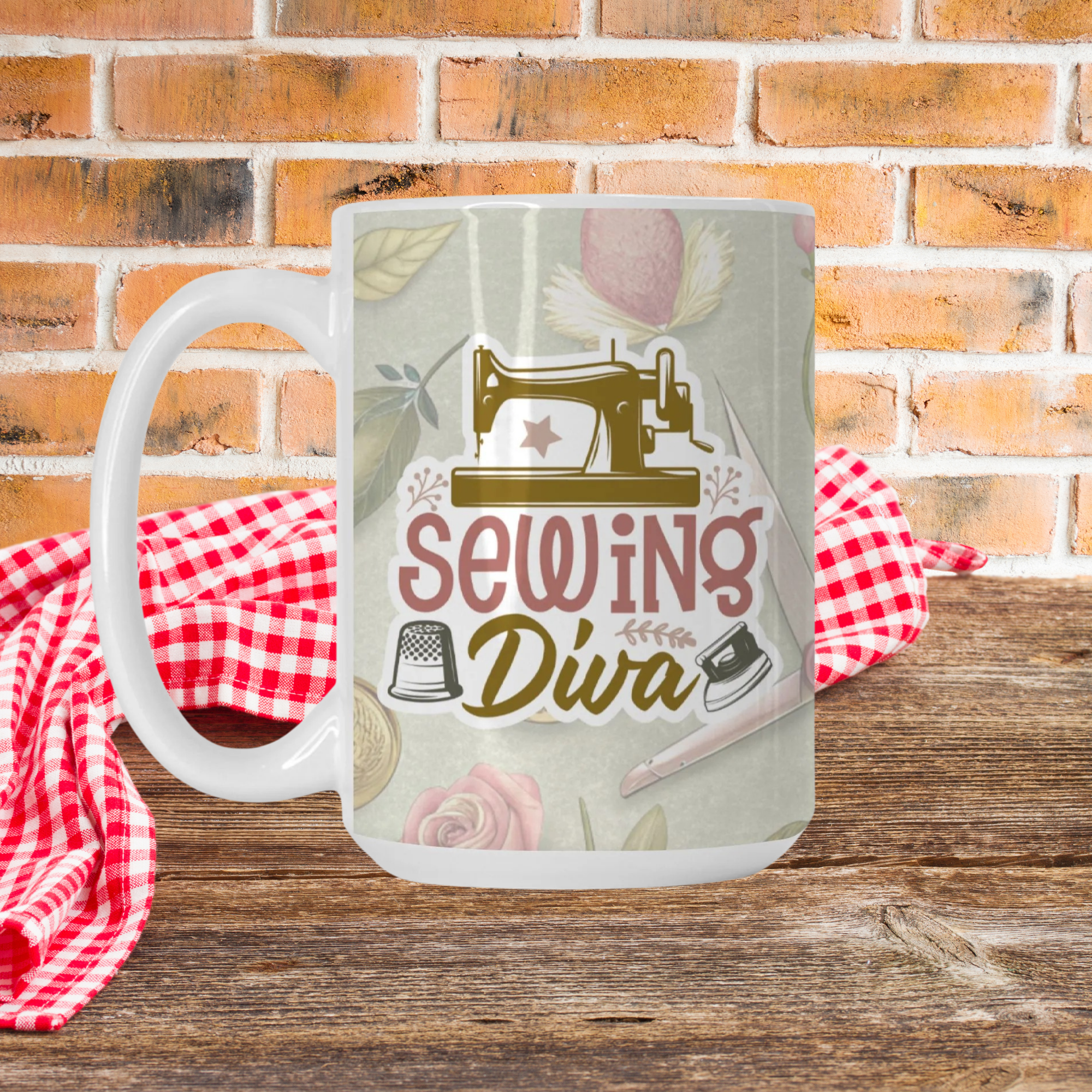 Mug with 'Sewing Diva' design on a wooden picnic table with a brick wall background