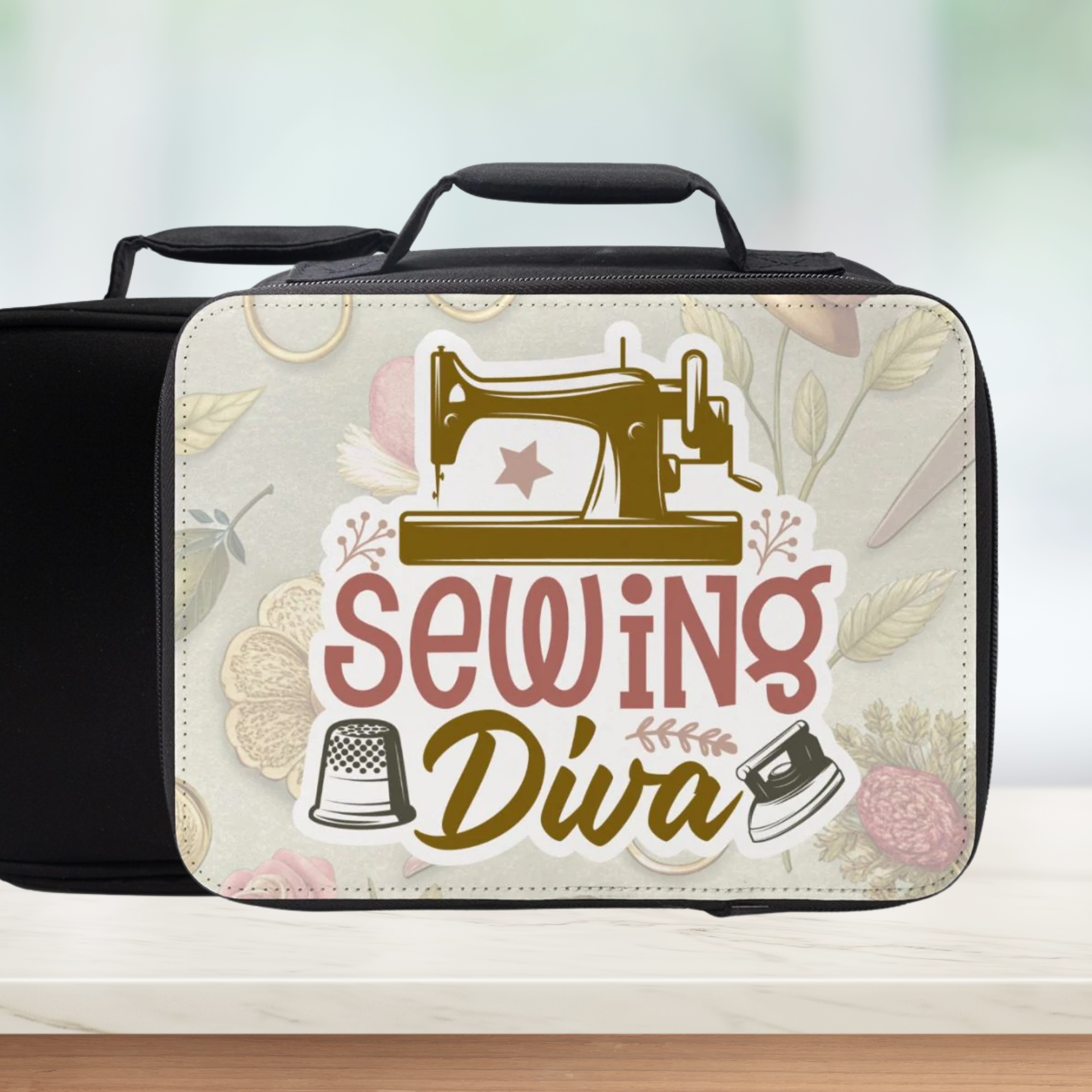 Sewing-themed lunch bag with 'Sewing Diva' design on a light background