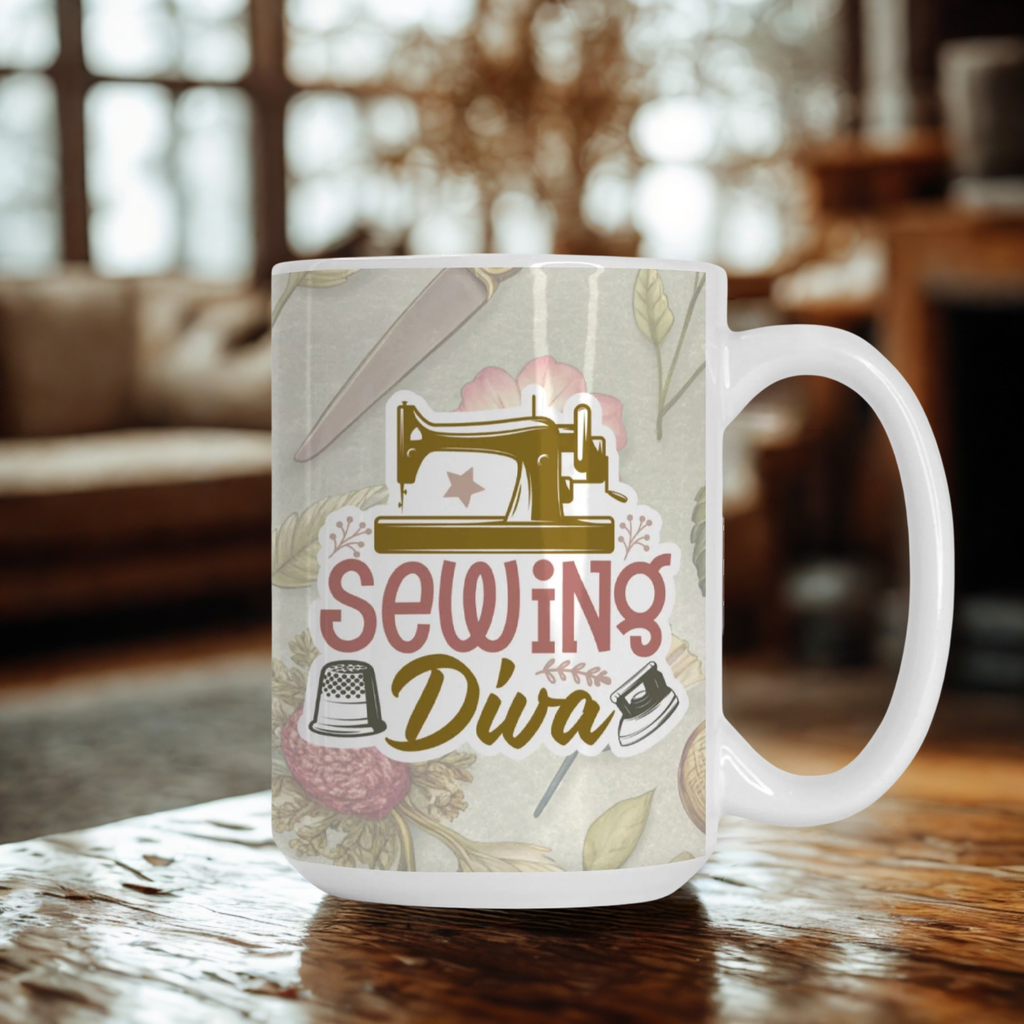 Mug with 'Sewing Diva' design on a wooden table