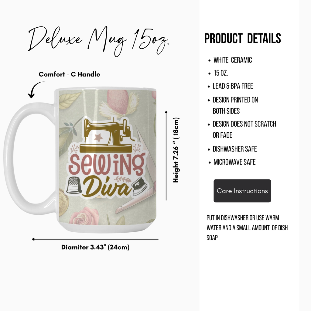 Mug with 'Sewing Diva' design and product details on a white background