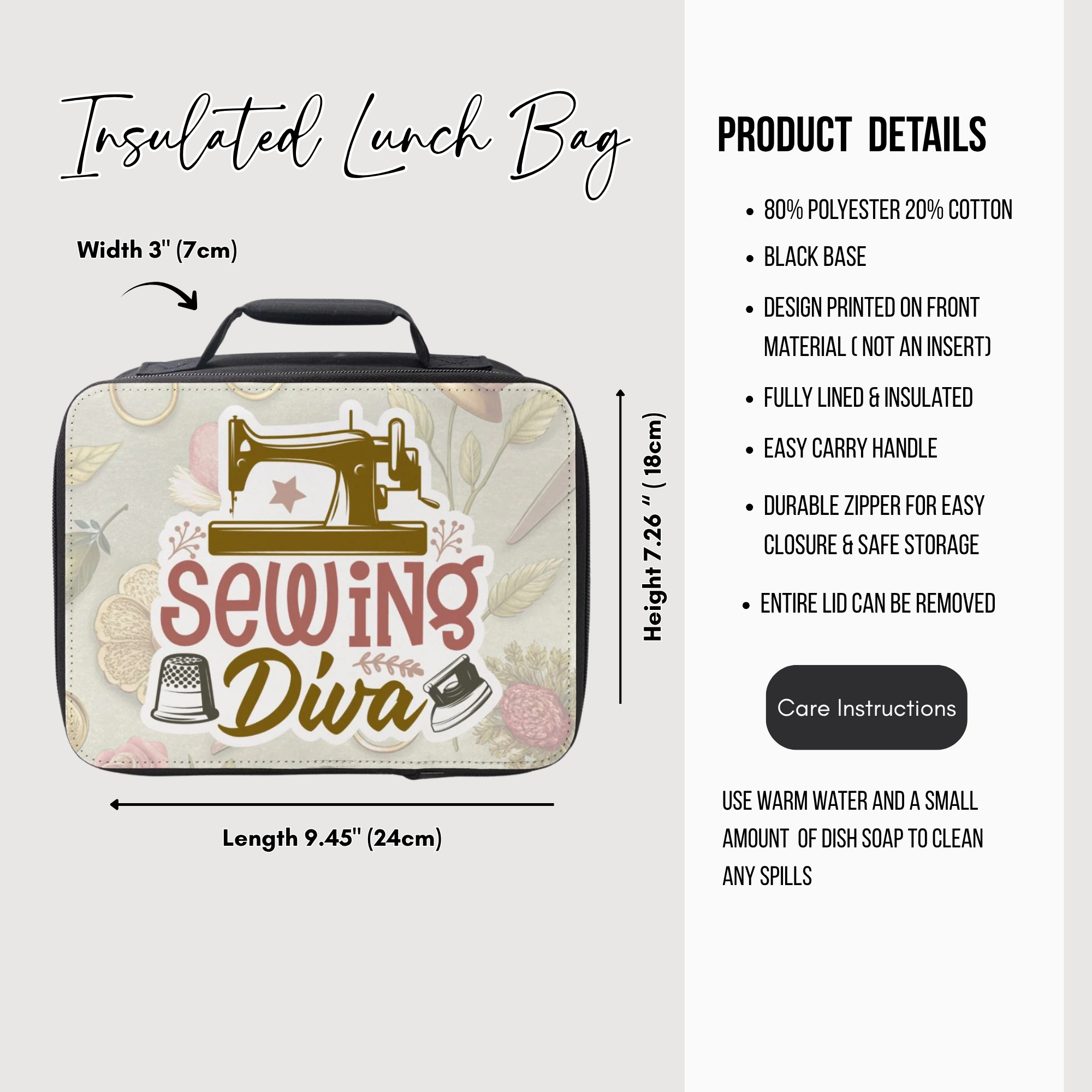 Insulated lunch bag with 'Sewing Diva' design and product details on a white background