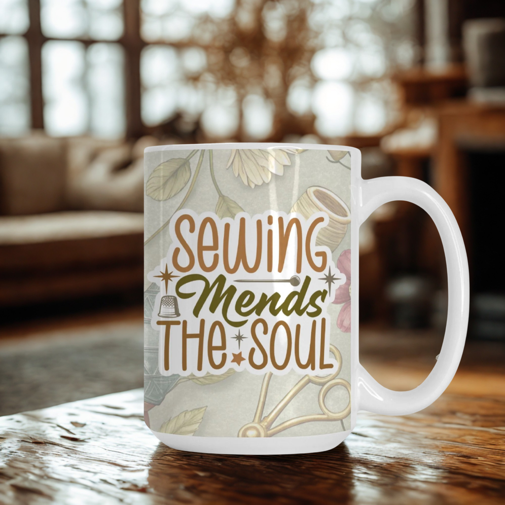 Mug with 'Sewing Mends The Soul' text on a floral patterned background